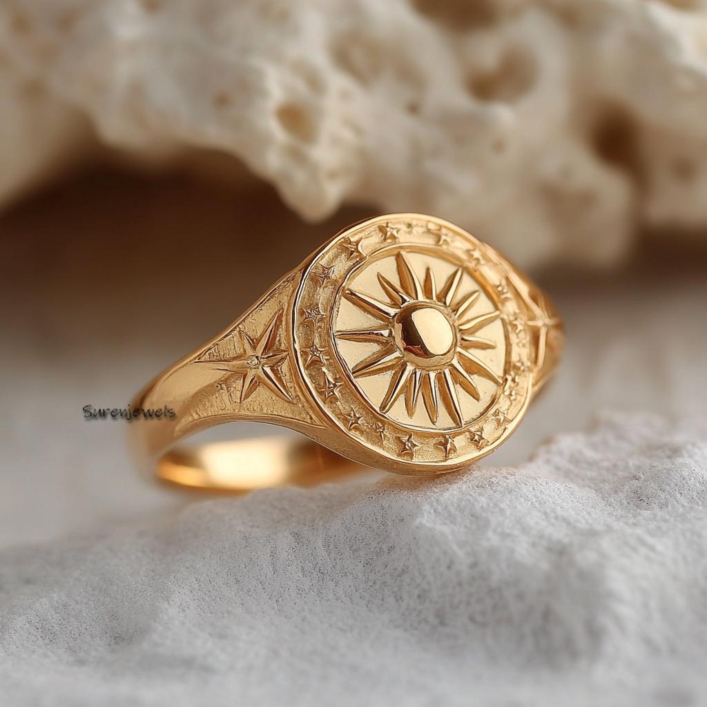 14K Gold Celestial Moon Star Signet Ring: Diamond Accent - View 3 - Suren Jewels | SKU: SJR3151-,SJR