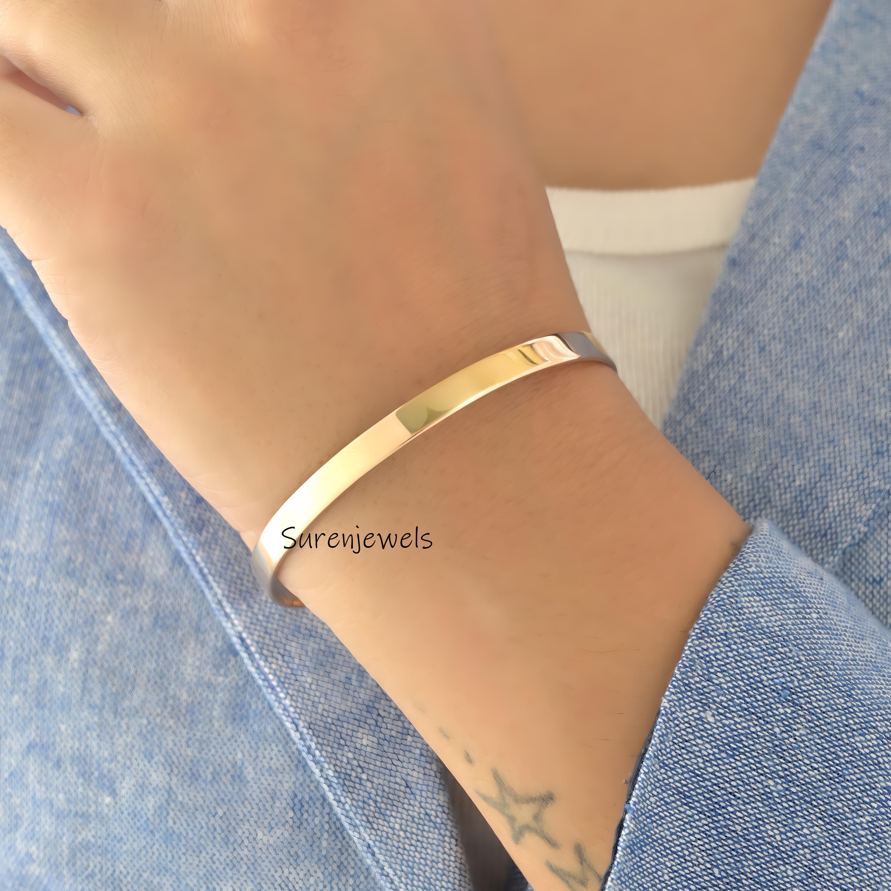 Solid 14k Gold Plain Wire Bangle: Dainty Oval Hinged Bracelet - View 2 - Suren Jewels | SKU: SJB307-SLYG-7I