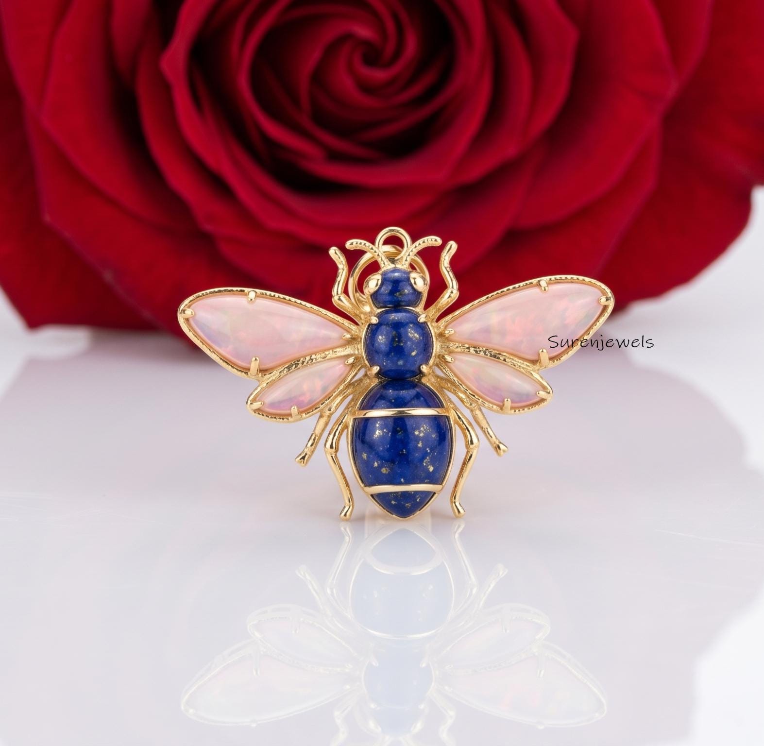 14k Solid Gemstone Bee Pendant, Opal Bee Pendant, Dainty Honey Bee, Gemstone Queen Bee Bug Pendant, Gemstone Bee Pendant, Car