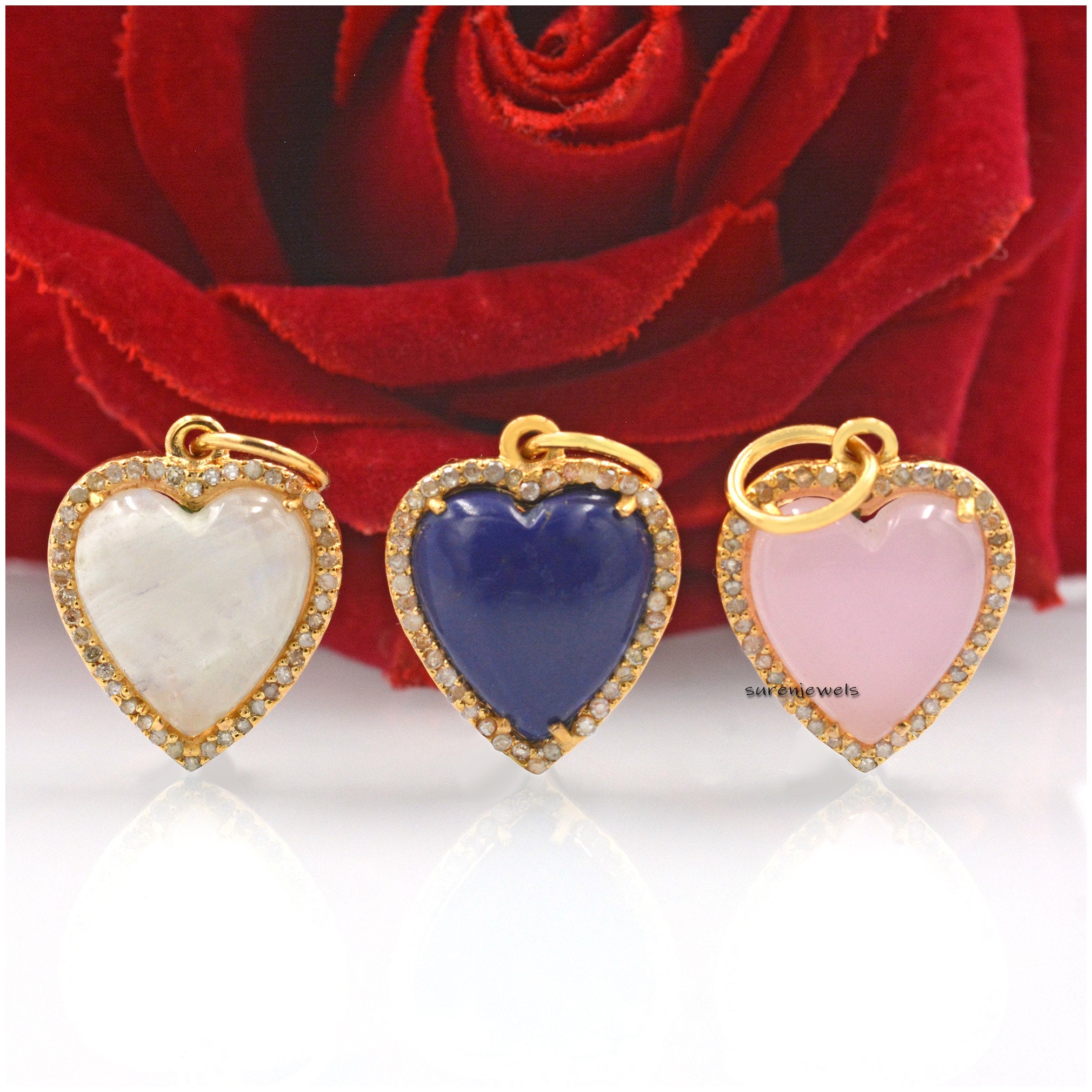14K Gold Plated Heart Pendant: Gemstone & Moissanite Carved Heart - View 4 - Suren Jewels | SKU: SJP1052-SLYGRQDI-15M