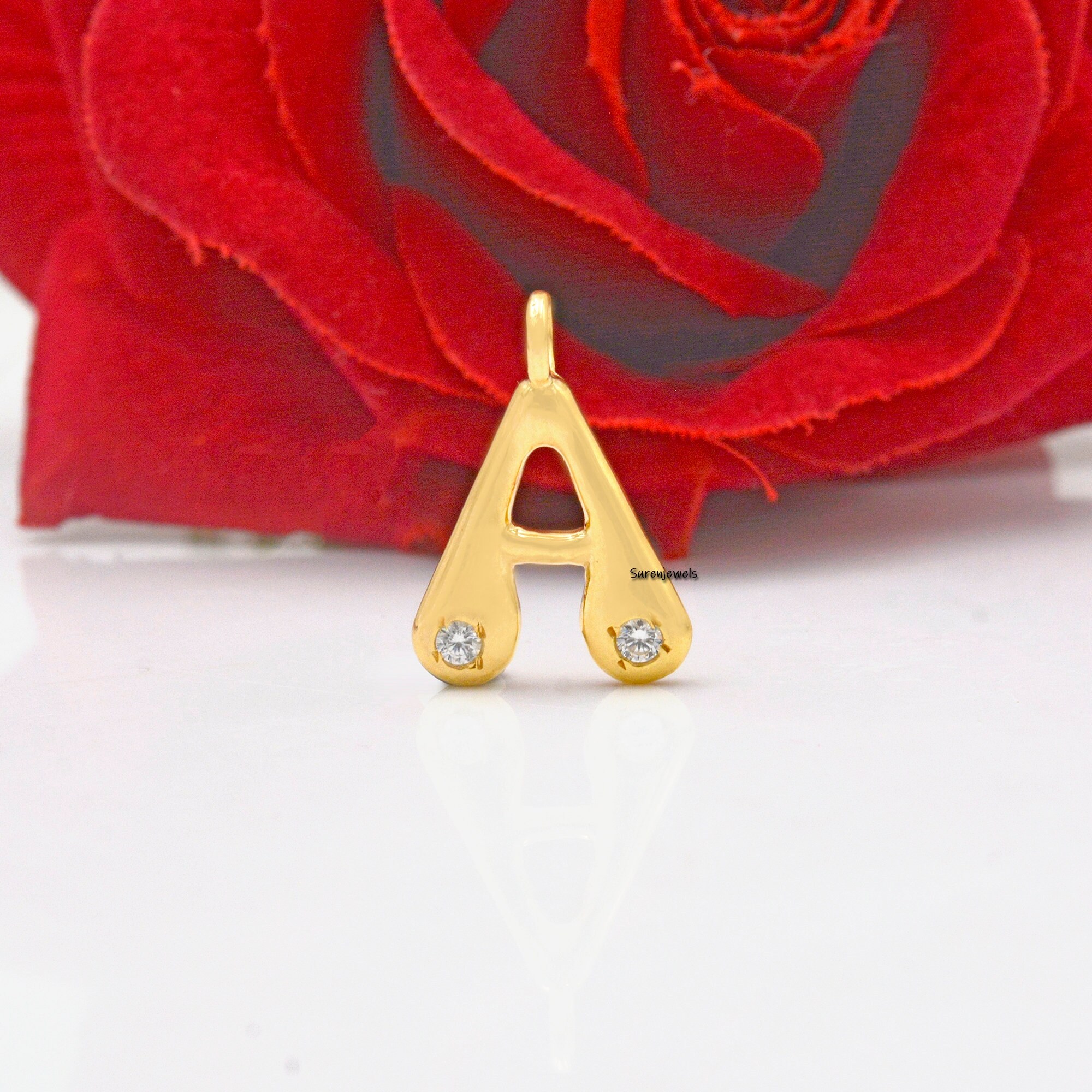 14k Gold Bubble Letter Pendant: White Topaz Initial Charm - View 6 - Suren Jewels | SKU: SJP1094-SLYGCZ-K
