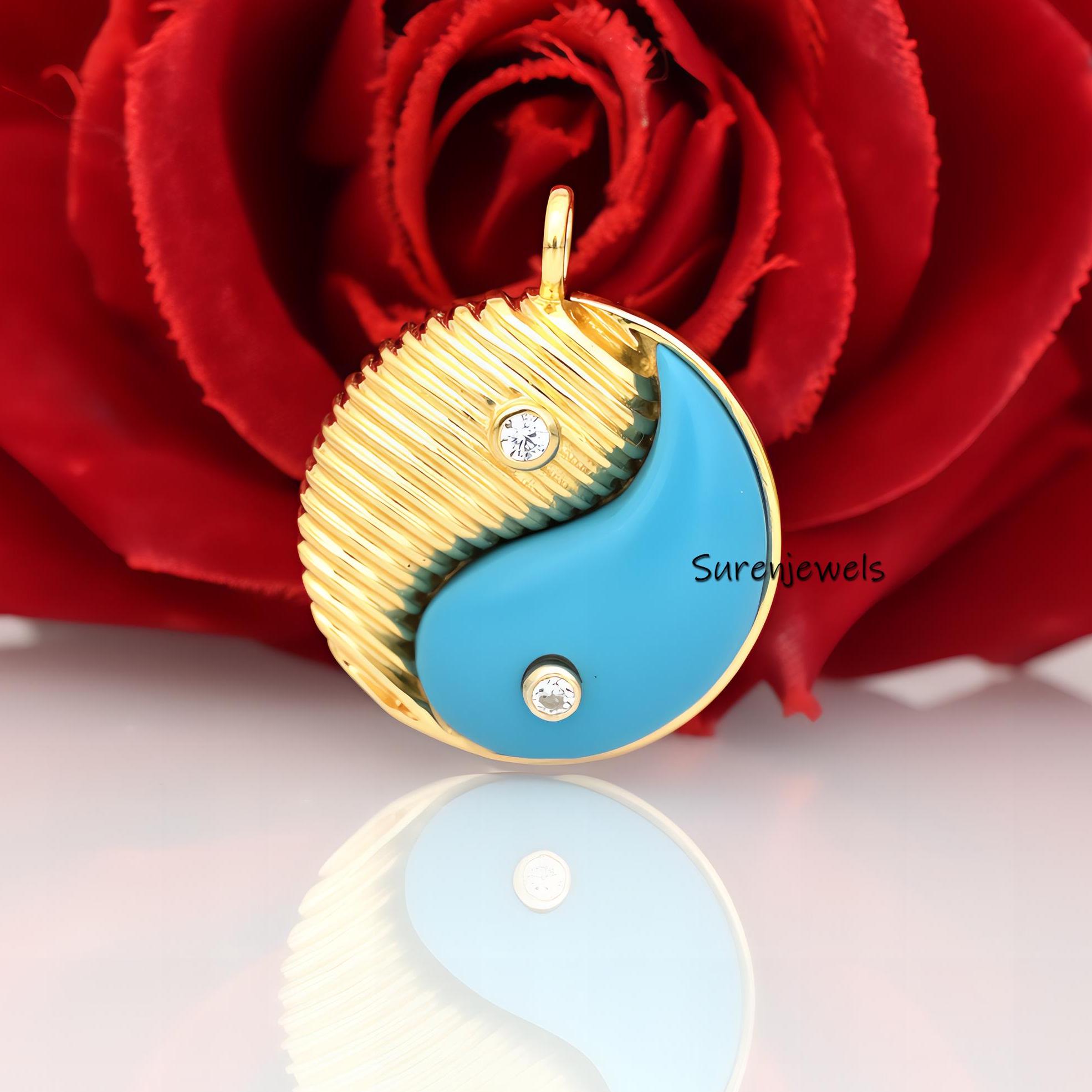 Handmade 14K Gold Yin Yang Pendant: Moissanite Spiritual Charm - Suren Jewels | SKU: SJP1733