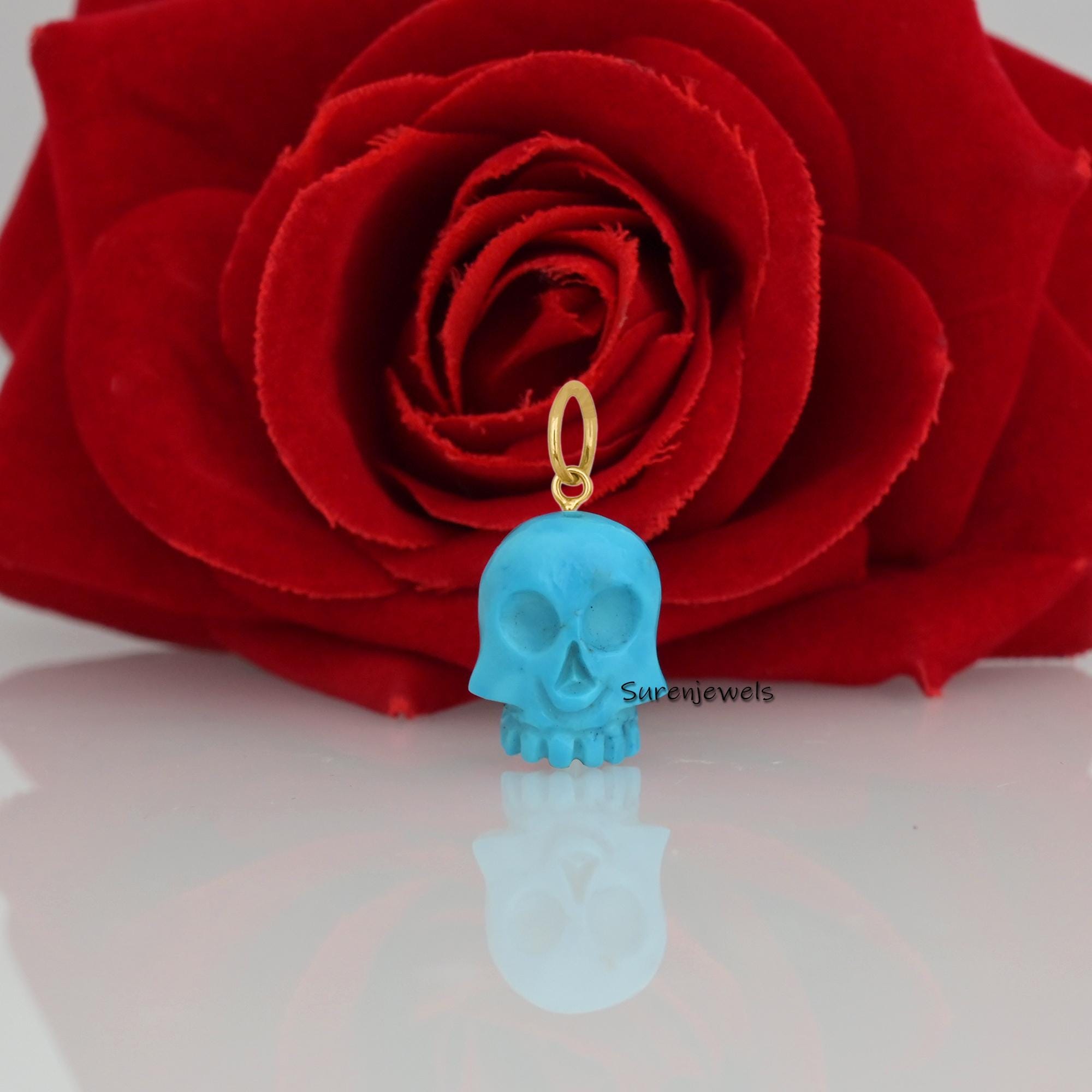 Hand Carved Turquoise Skull Pendant: Synthetic Gemstone Jewelry - View 2 - Suren Jewels | SKU: SJP