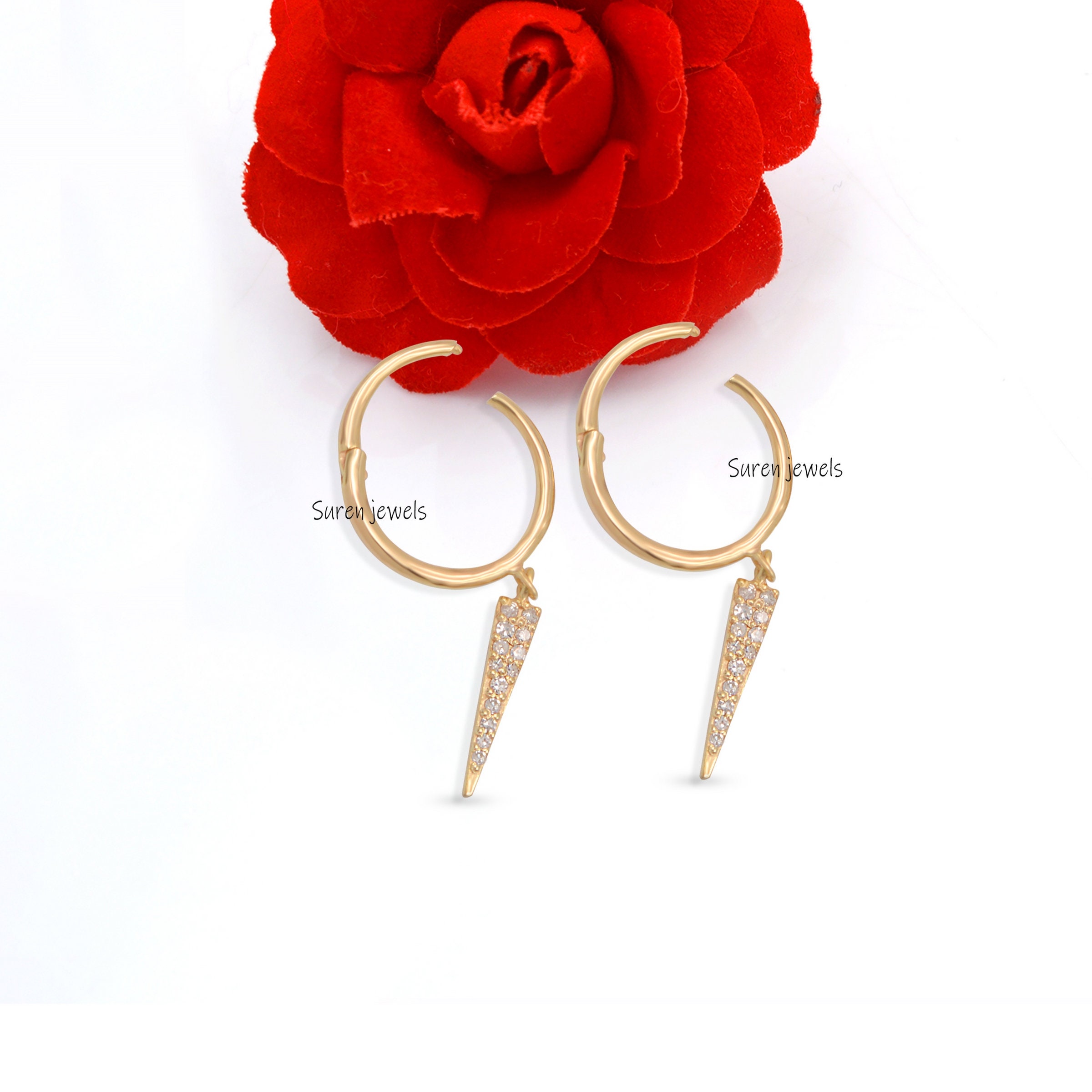 14K Gold Diamond Spike Hoop Earrings: Solid Gold Huggie - View 3 - Suren Jewels | SKU: SJE381-SLYGDI
