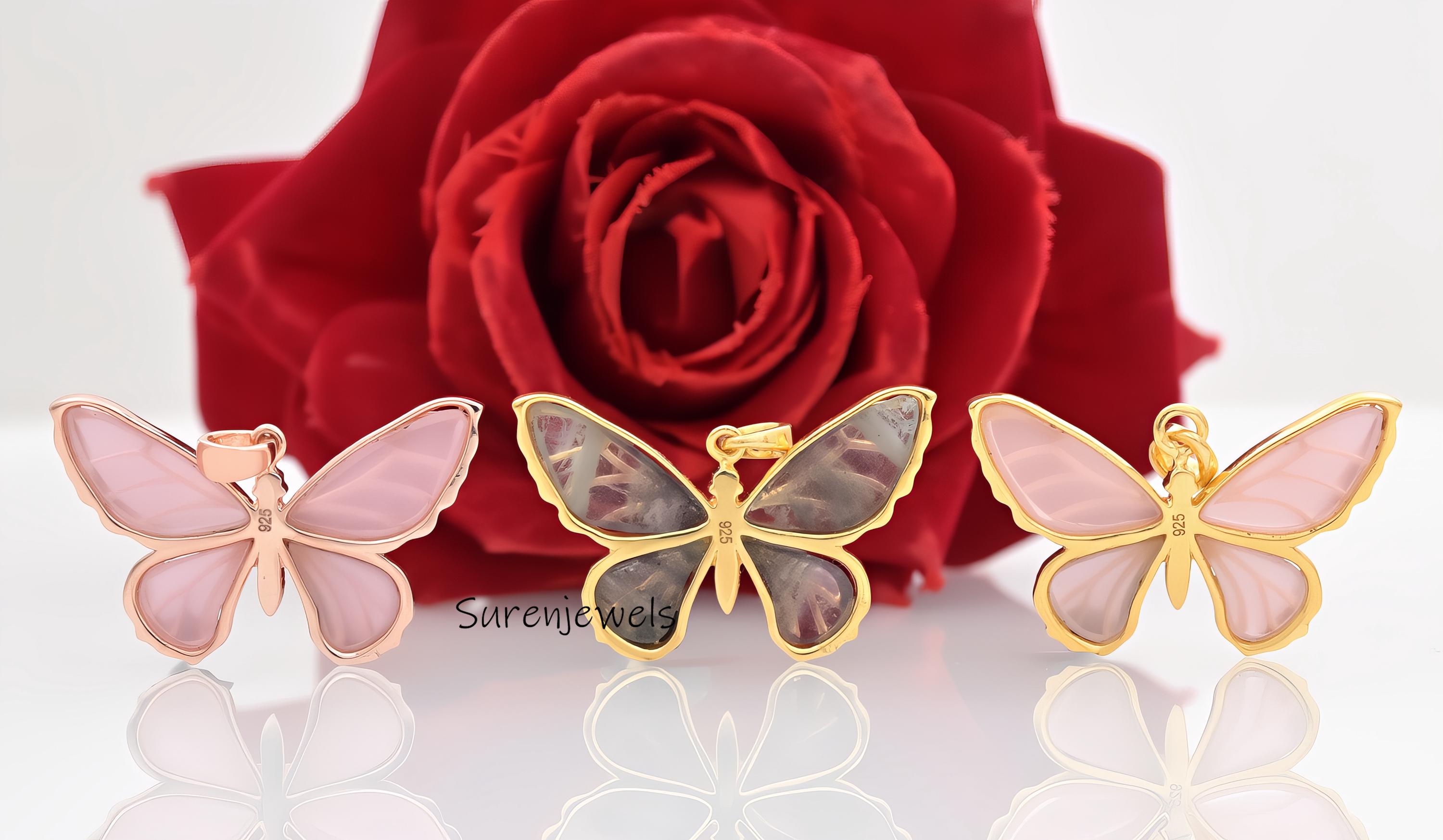 14K Gold Butterfly Charm: Handmade Carved Gemstone Pendant - View 3 - Suren Jewels | SKU: SJP4616-SLYGTL-25M