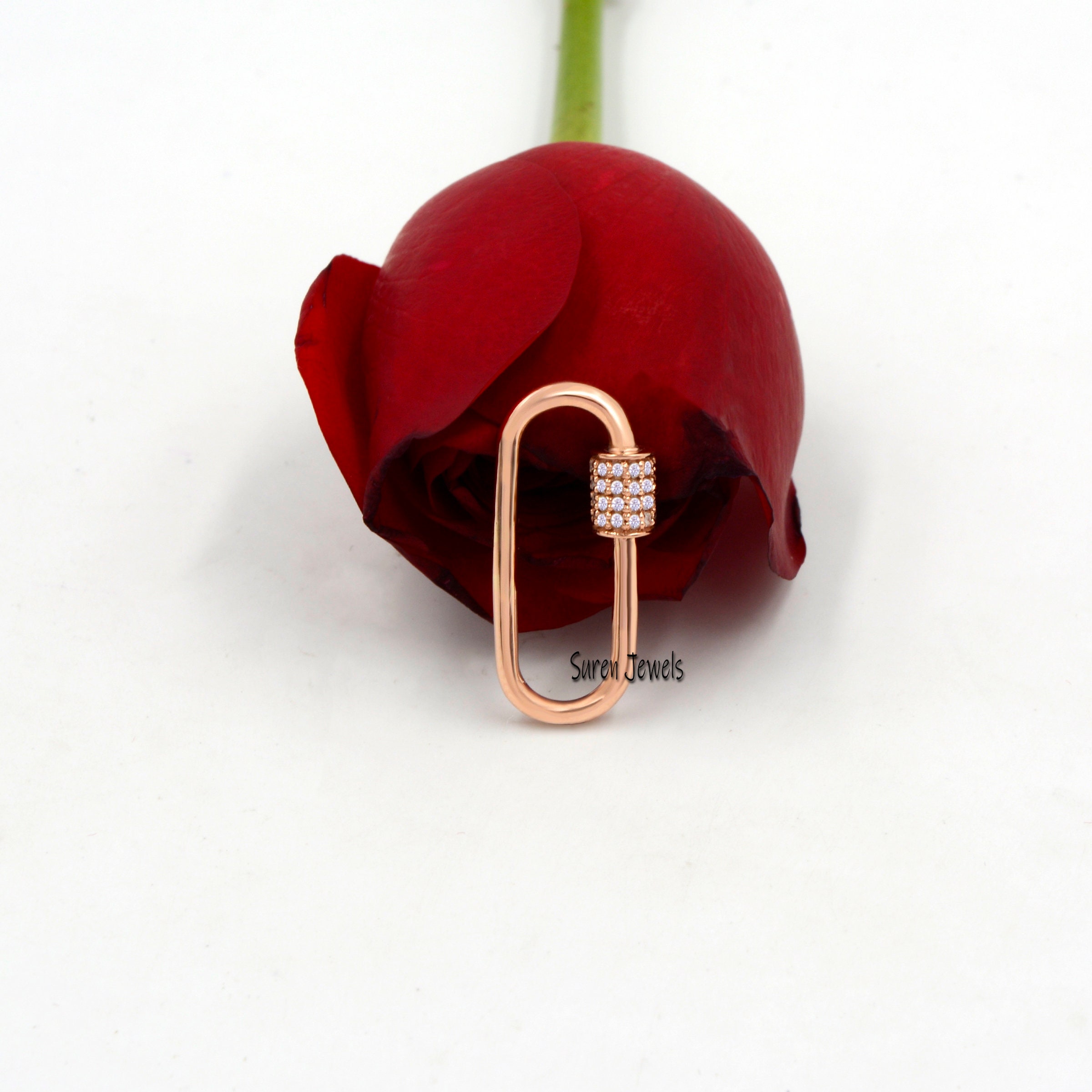 925 Silver Oval Carabiner Lock: Cubic Zircon Pave Pendant - View 3 - Suren Jewels | SKU: SJC131-SLRGCZ