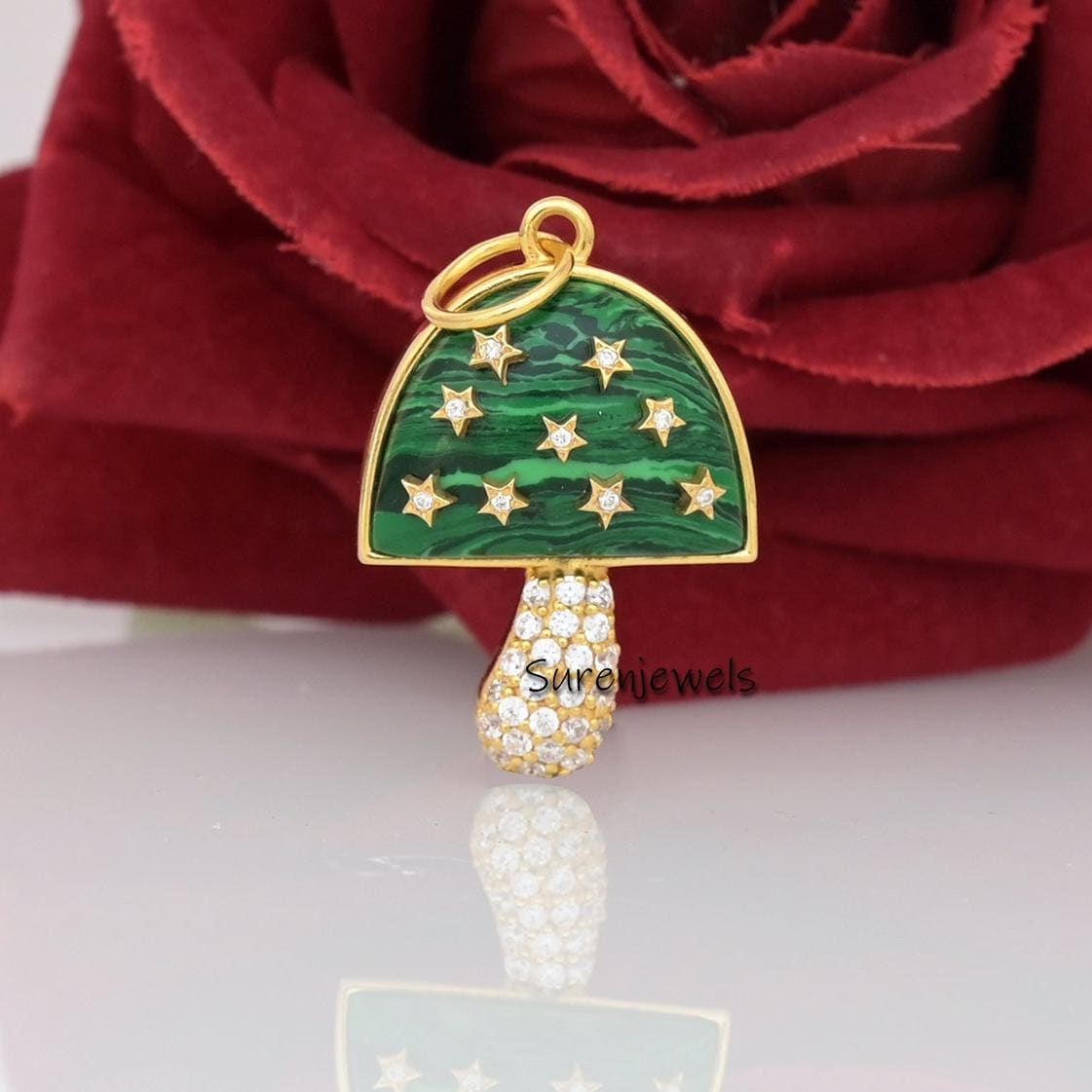 14k Solid Gold Mushroom Pendant: Pave Gemstone Magic Jewelry - View 2 - Suren Jewels | SKU: MJM68-