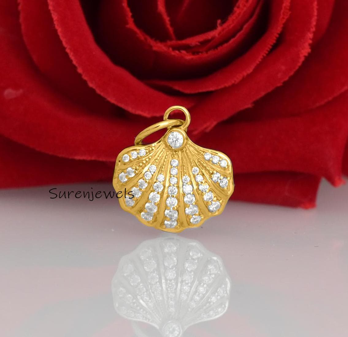 Handmade 14k Gold Scallop Shell Pendant: Dainty Gemstone Beach Jewelry - View 2 - Suren Jewels | SKU: SJP2593-SLYG