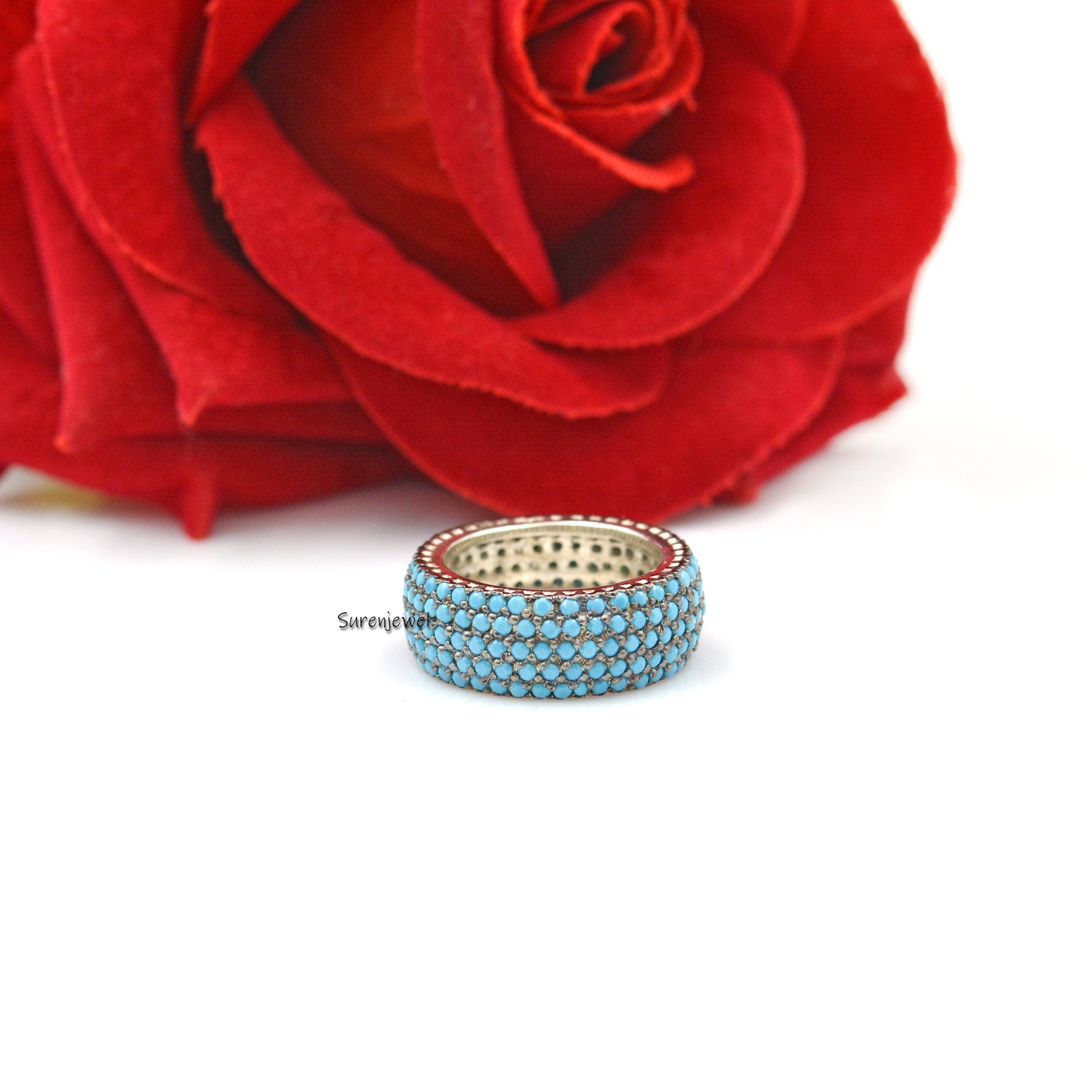 Turkish Turquoise 5 Row Ring, Gemstone Cigar Band - View 4 - Suren Jewels | SKU: SJR801-SLRGRHTQ-US-8