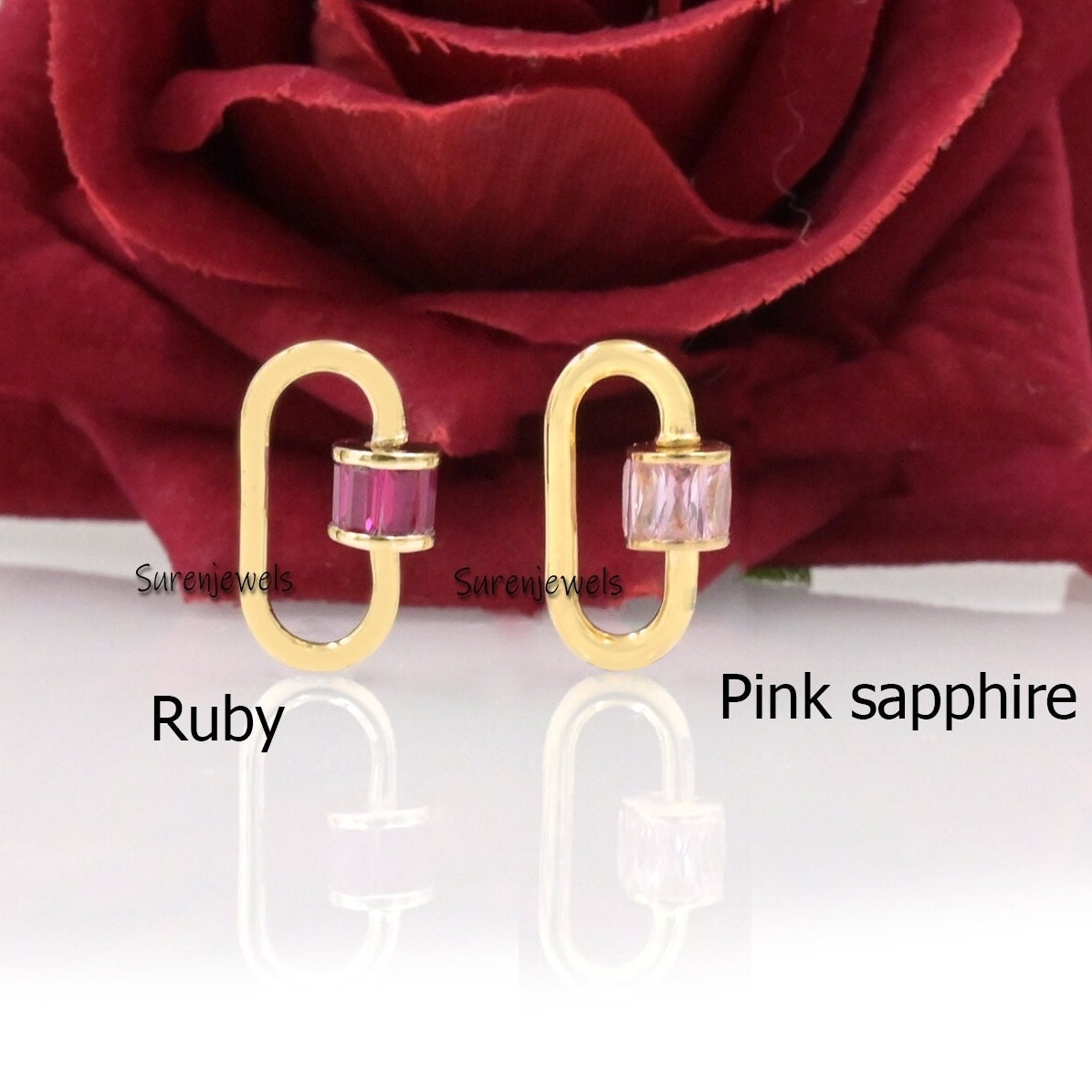 925 Silver Carabiner Lock with Pink Sapphire Baguettes - View 2 - Suren Jewels | SKU: SJC22-SLYGBTTCZP-16M-925