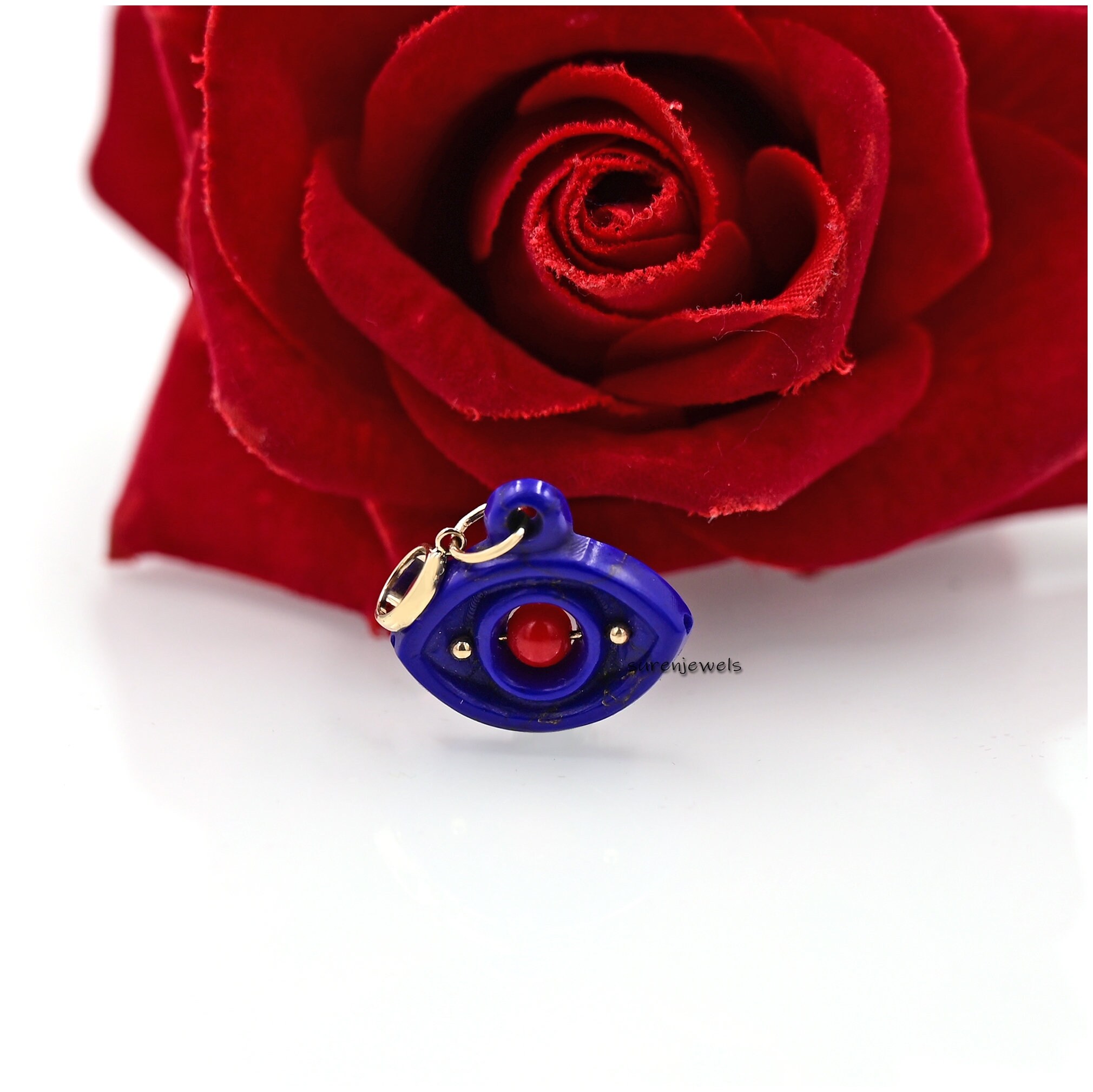 Hand Carved 14k Gold Gemstone Evil Eye Pendant - View 4 - Suren Jewels | SKU: SJP1477-14KYGLPZCR