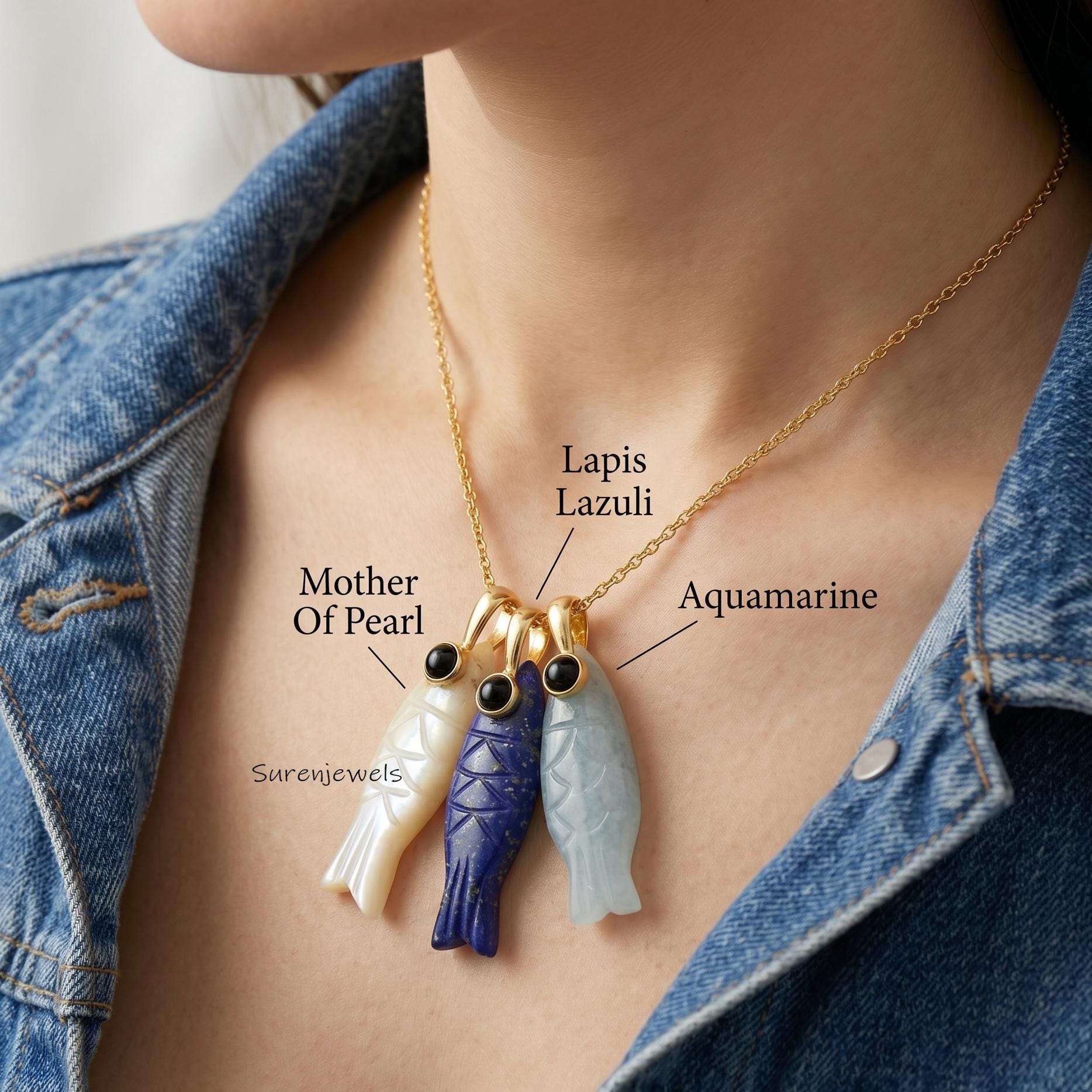 14K Gold Carved Fish Pendant, Gemstone Fish Pendant, Handmade Fish Charm, Animal Fish Jewelry, Lucky Gem Fish Pendant, Design