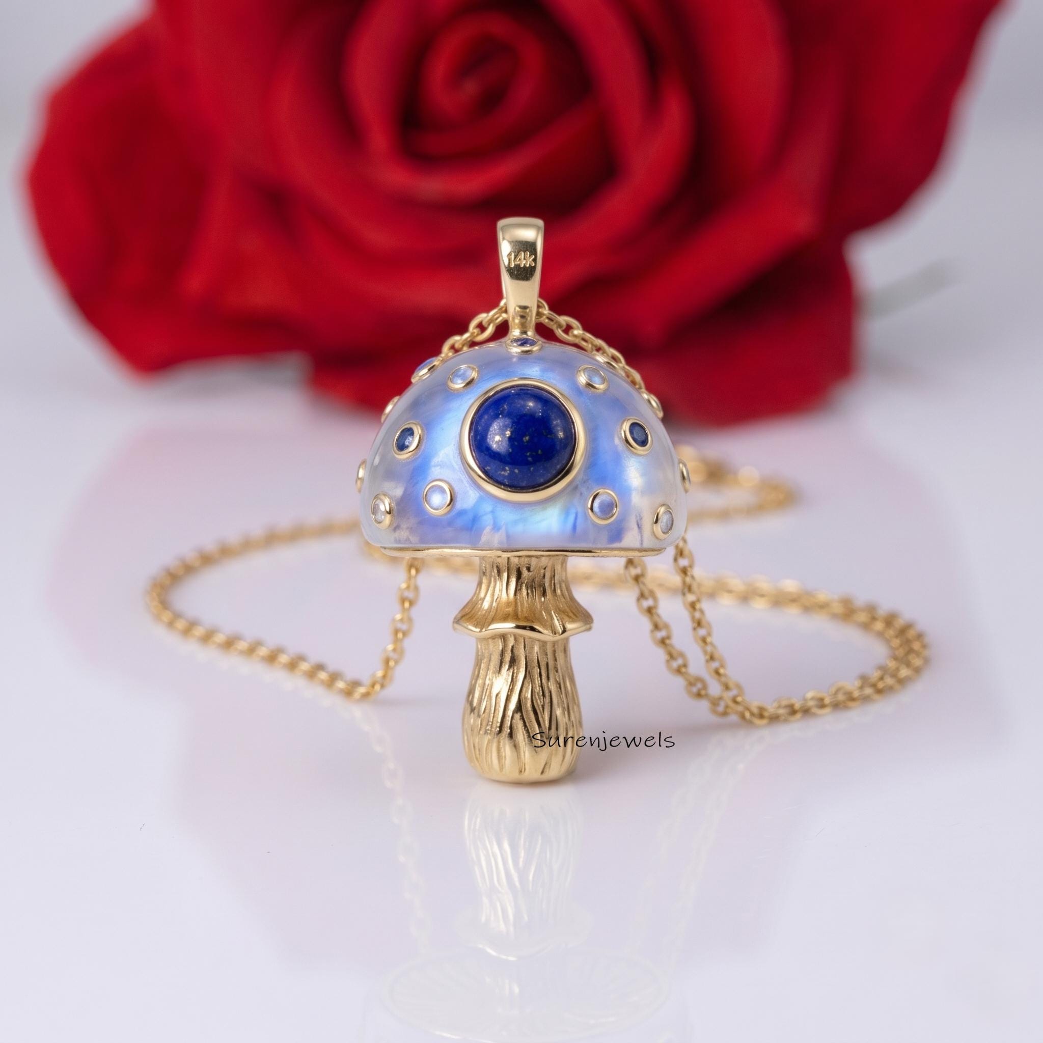 14K Gold Gemstone Mushroom Pendant, Handmade Magic Multisapphire Mushroom Pendant, Mushroom 14k Pendant, Gemstone Mushroom Pe