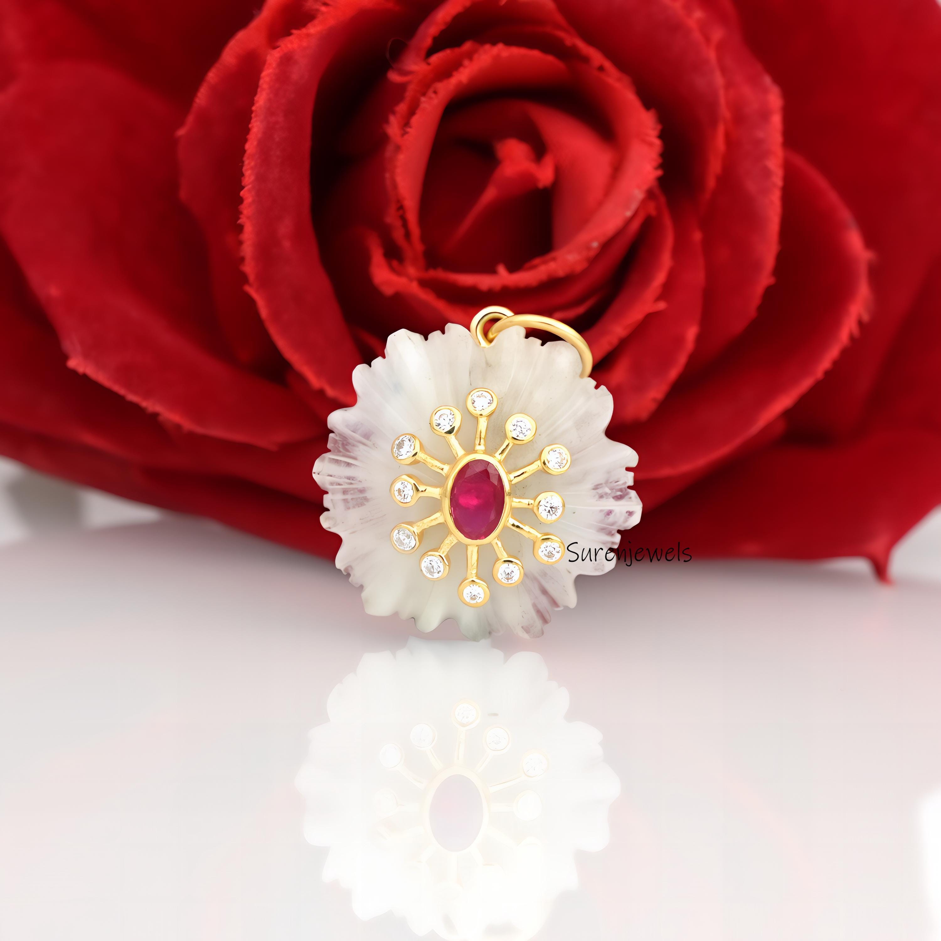 925 Silver Pink Opal Flower Pendant: Carved Floral Charm - View 2 - Suren Jewels | SKU: SJP4383-SLYGMSCZRUCZ-25M