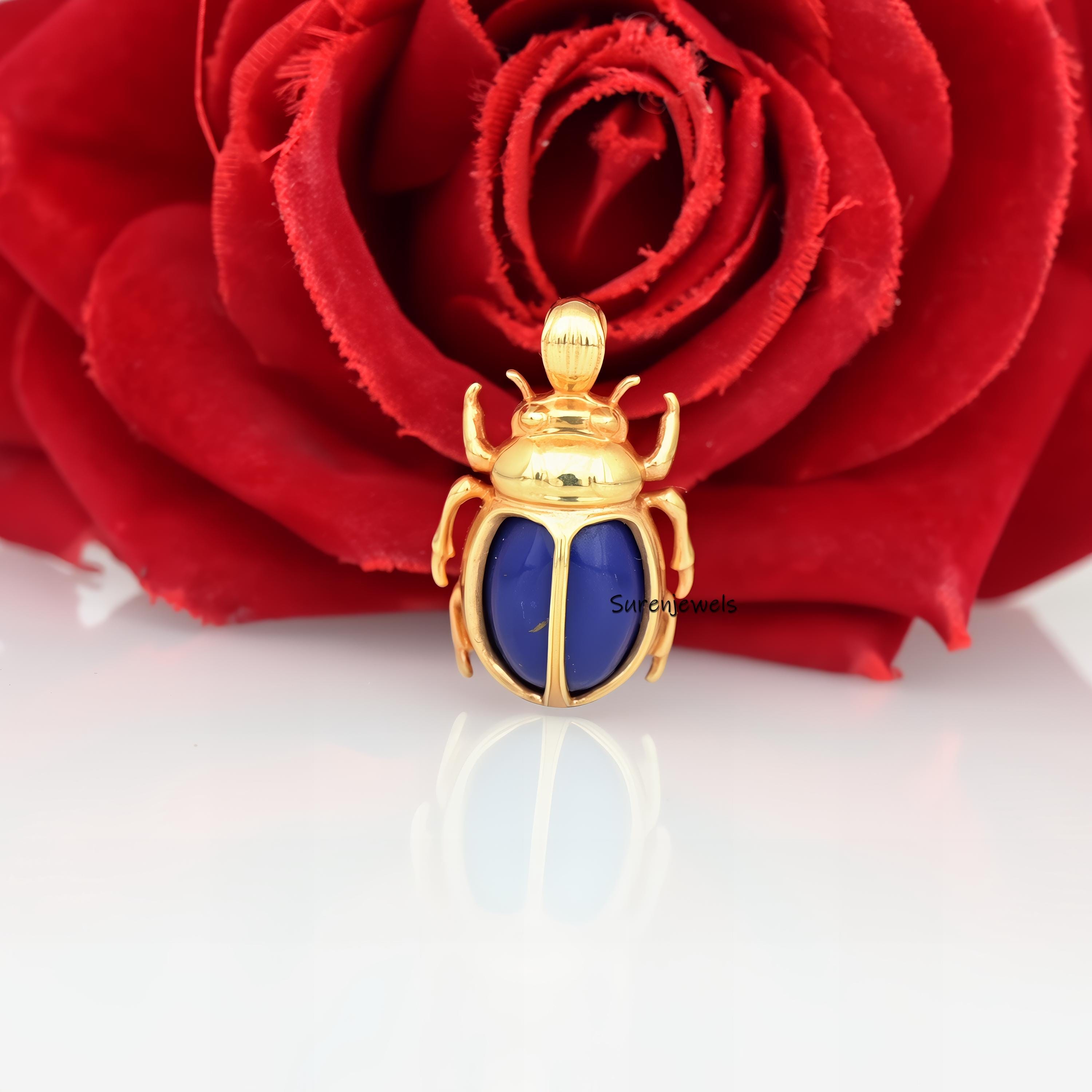14K Gold Gemstone Scarab Charm: Hand Carved Amulet - View 4 - Suren Jewels | SKU: SJP4233-SLYGLPZBS-35M,SJP4234-SLYGLPZ-35M,S