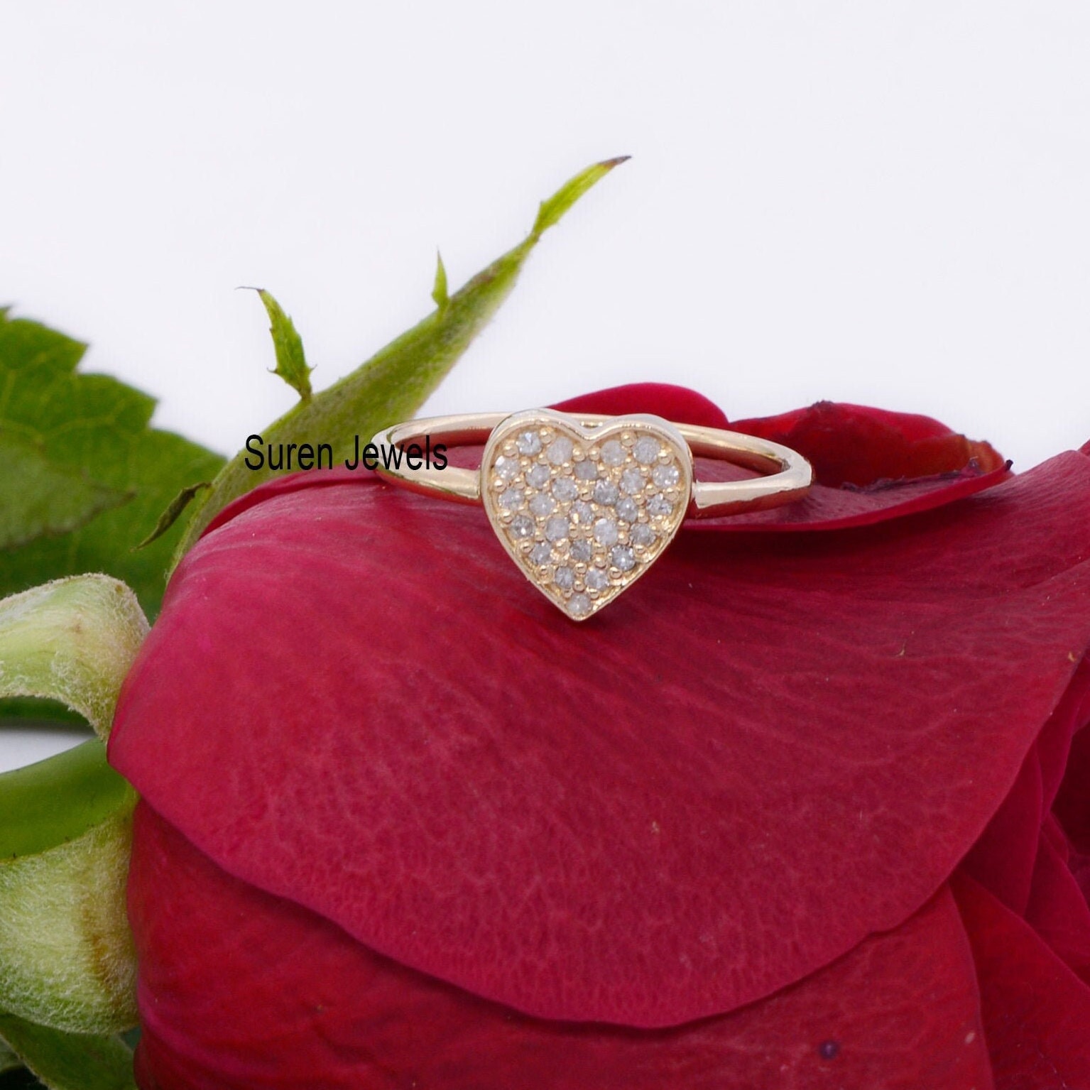14k Gold Diamond Heart Signet Ring: Dainty Gemstone Ring - View 2 - Suren Jewels | SKU: SJR690-14KYGDI