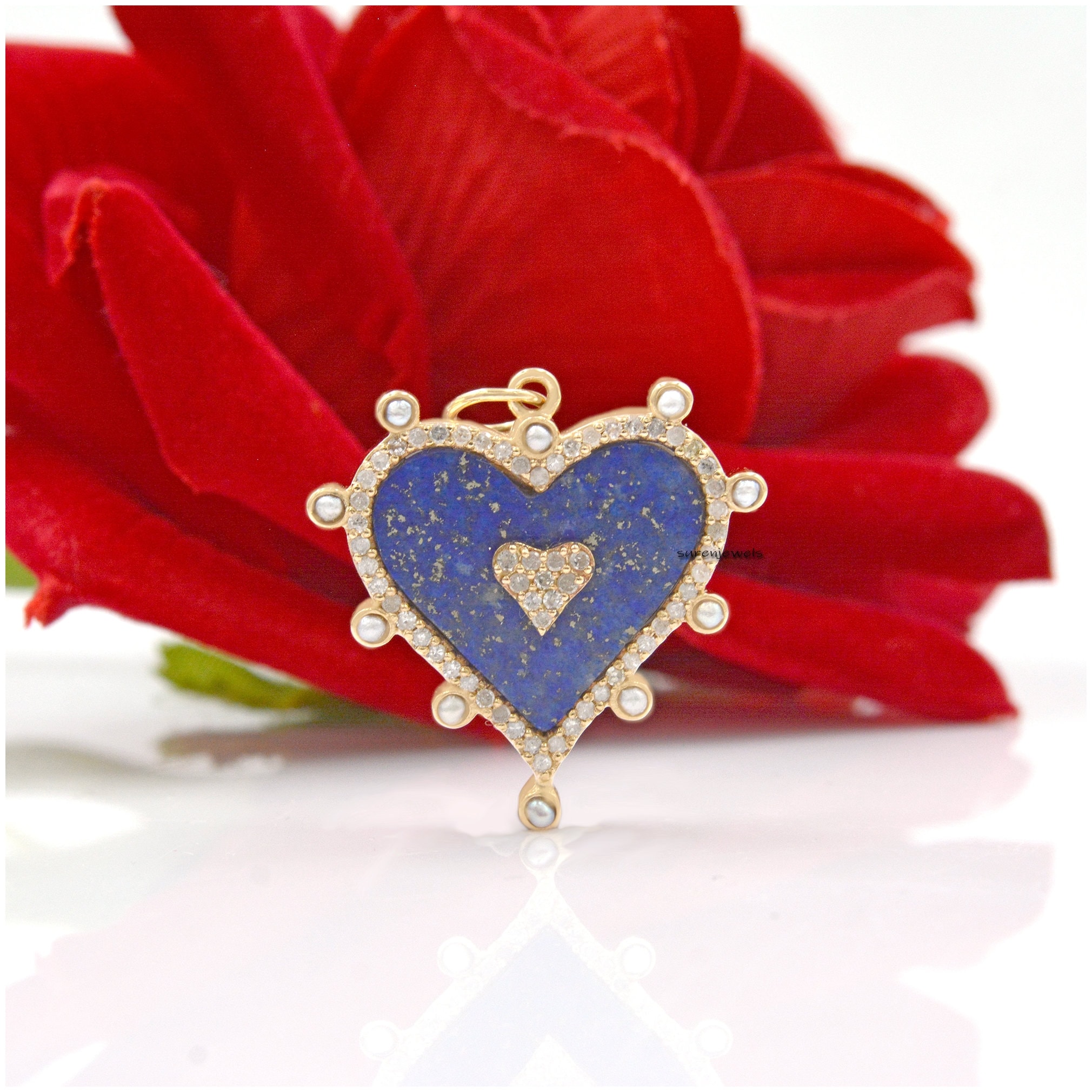Gold Plated Heart Pendant: Gemstone, Moissanite & Pearl Charm - View 7 - Suren Jewels | SKU: SJP1271-14KYGLPZDIPL-25M