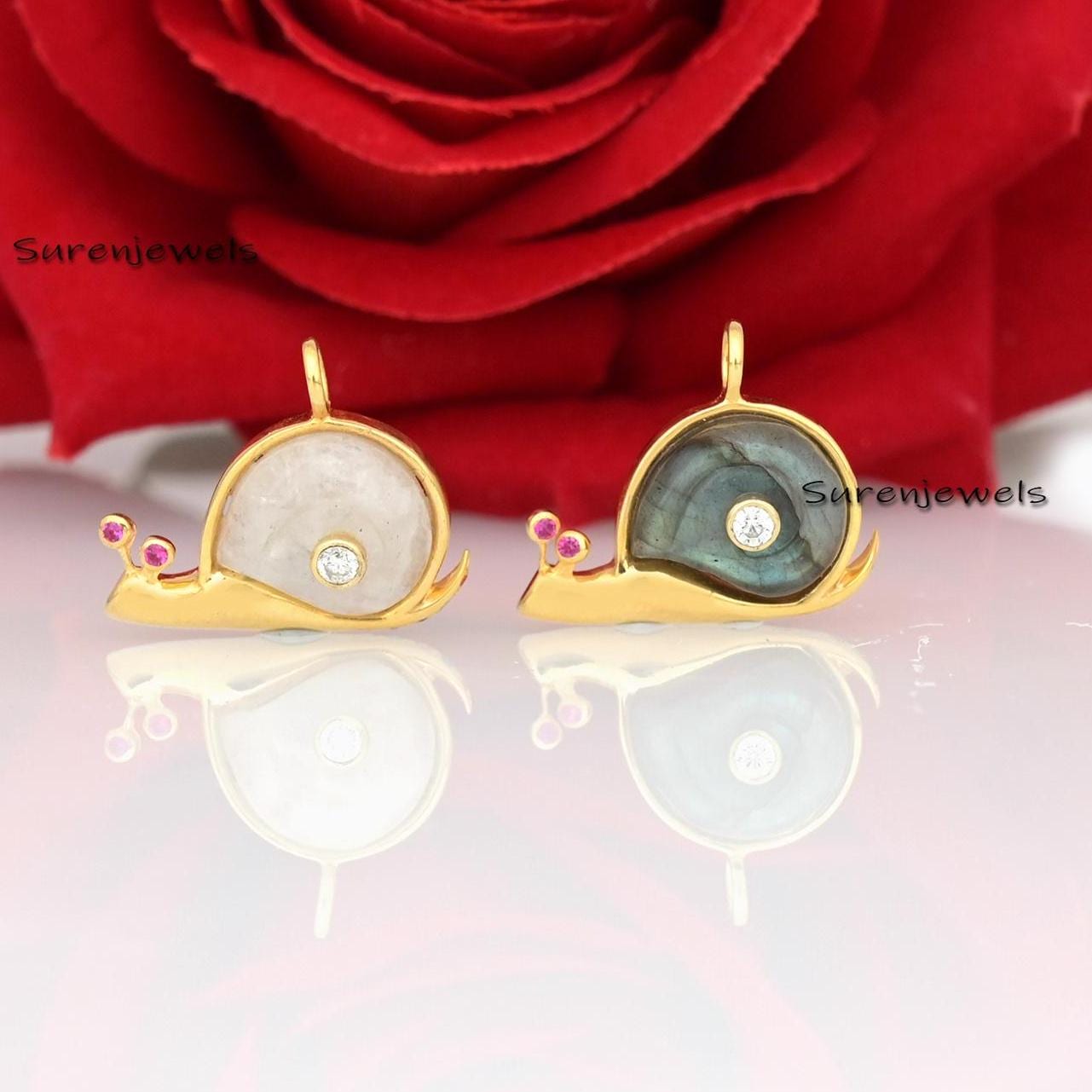 14K Gold Gemstone Snail Pendant: Handmade Yellow Gold Charm - View 4 - Suren Jewels | SKU: SJP1197