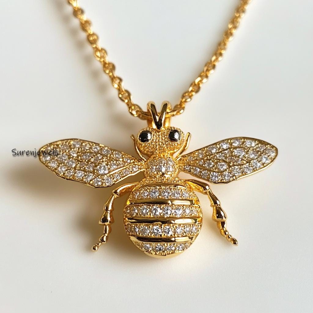14K Gold Plated Diamond Honey Bee Pendant: Gemstone Silver Charm - View 2 - Suren Jewels | SKU: SJP4673-SLYGYSP-25M,SJP4207-S