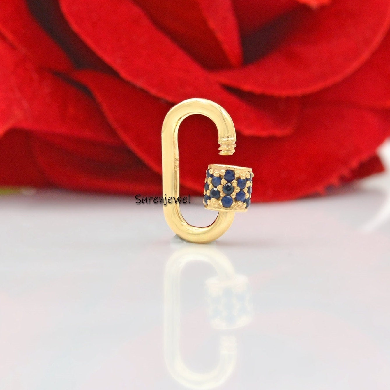 14K Gold Blue Sapphire Carabiner Lock: Handmade Pendant (15*9 MM) - Suren Jewels | SKU: SJC07-14KRGBSP-15M