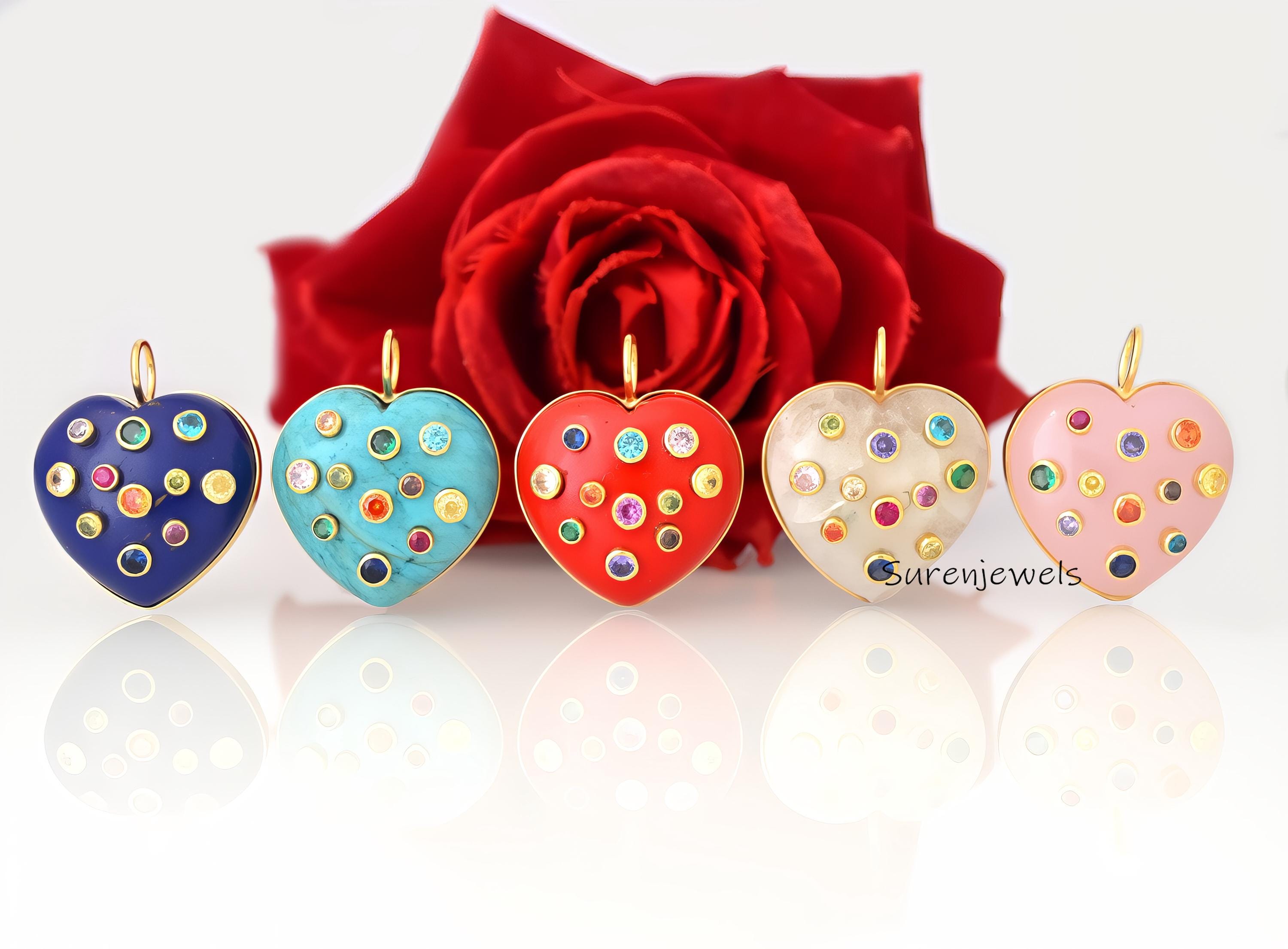 Hand Carved MOP Heart Pendant: Multi Gemstone Inlay (25 MM) - Suren Jewels | SKU: SJP1405-SLYGCRMN