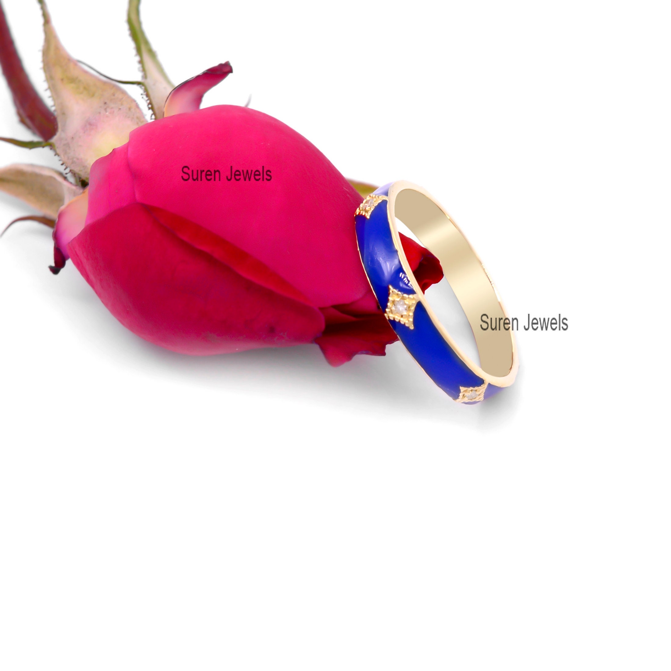 Diamond & Enamel 925 Sterling Silver Stacking Ring - View 4 - Suren Jewels | SKU: SJR632-SLYGDIELB