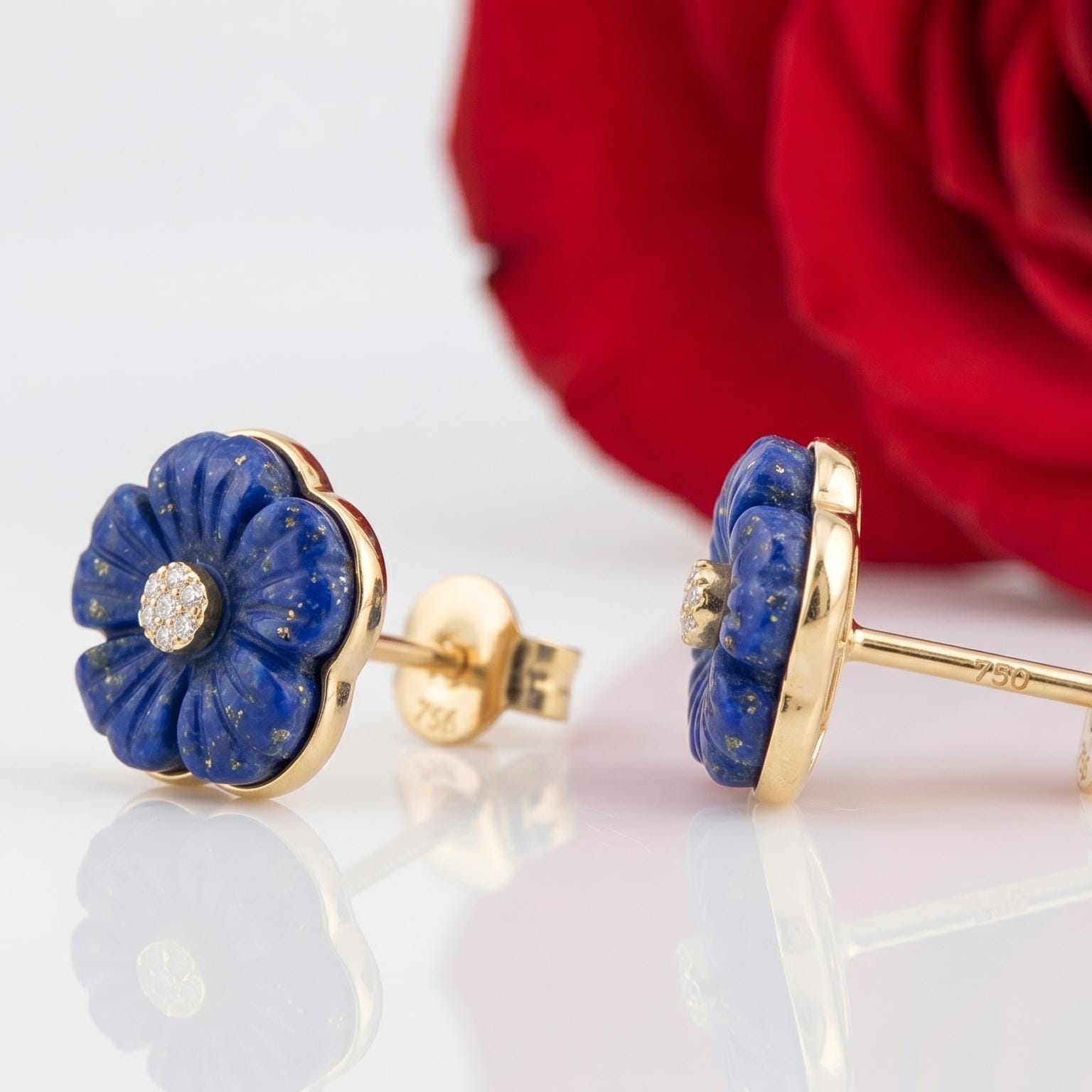 Carved Lapis Lazuli Flower Stud, Designer Carved Flower Dangle Earring, Gemstone Flower Dangle Earring, Vintage Flower Earrin