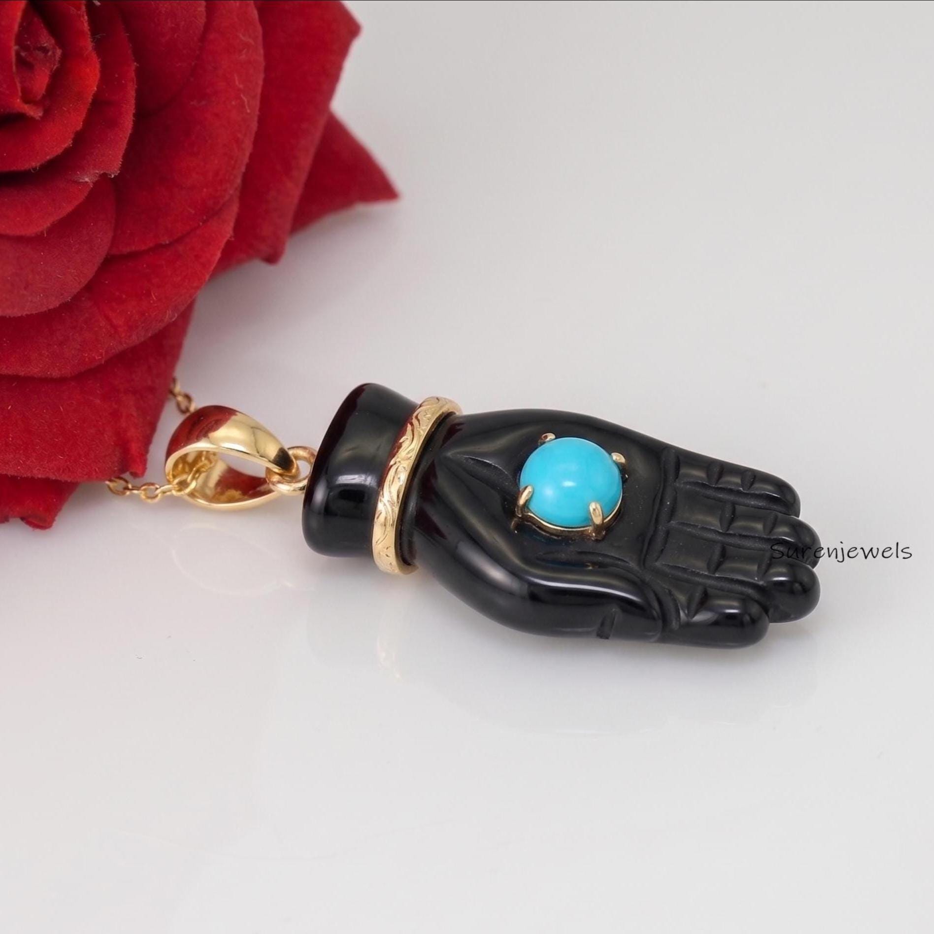 14K Gold Plated Mano Figa Pendant, Lapis Lazuli Good Luck Charm, Amulet Pendant, Boho Statement Gift for Women - View 2 - Sur