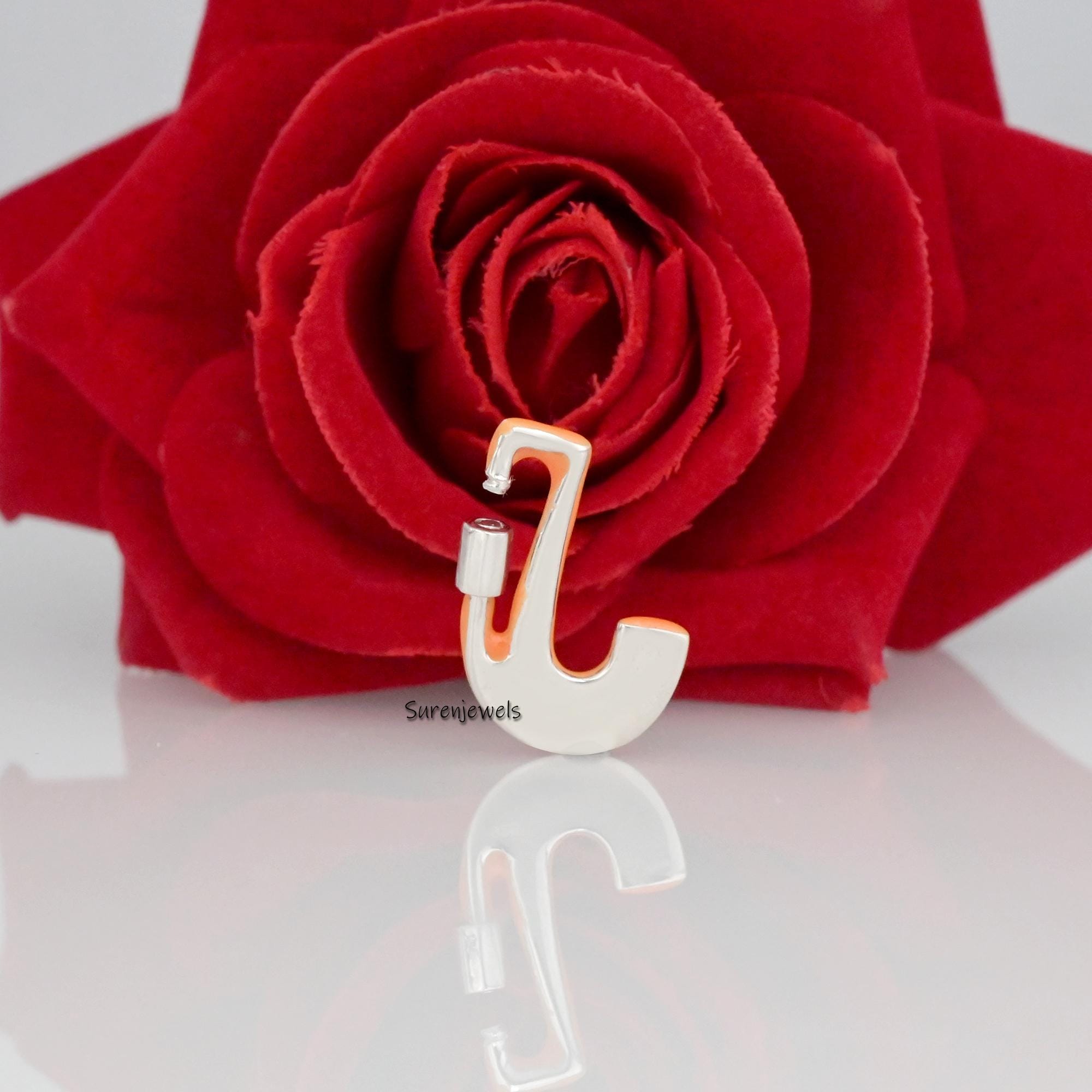 925 Silver Enamel Alphabet Carabiner Lock: Custom Letter Necklace - View 4 - Suren Jewels | SKU: SJC88-SLYG-M-N22-18I