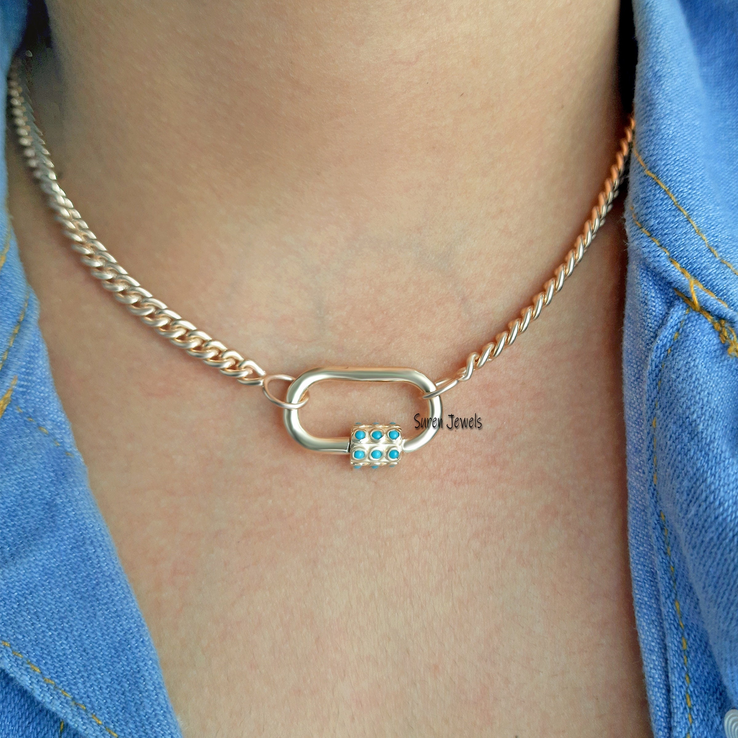 Turquoise 925 Sterling Silver Carabiner Lock: Handmade Jewelry Finding - View 3 - Suren Jewels | SKU: SJC34-SLYGTQ-25M-N22-18