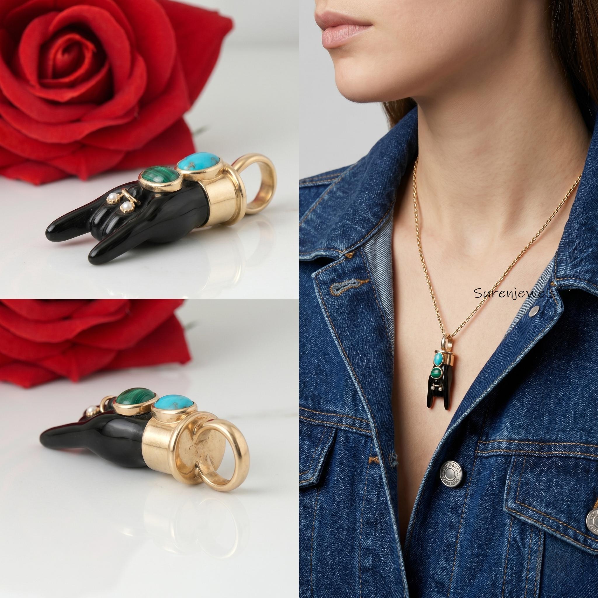 14k Gold hand Carved Gemstone Figa Hand Pendant, Gemstone Figa Pendant, Coral Figa Hand Pendant - View 7 - Suren Jewels | SKU