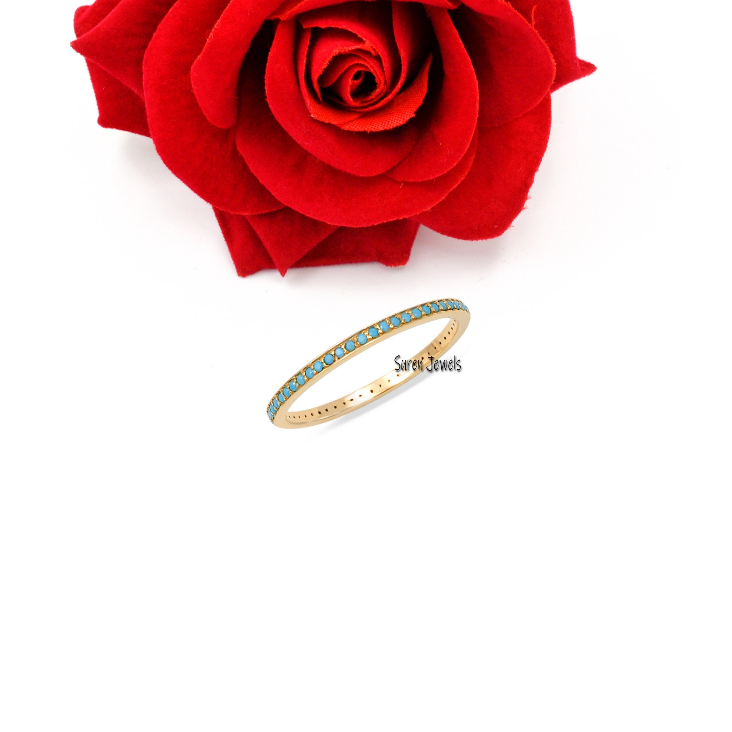 14k Gold Turquoise Wedding Band: Micro Pave Eternity Ring - Suren Jewels | SKU: SJR764-14KYGTQ