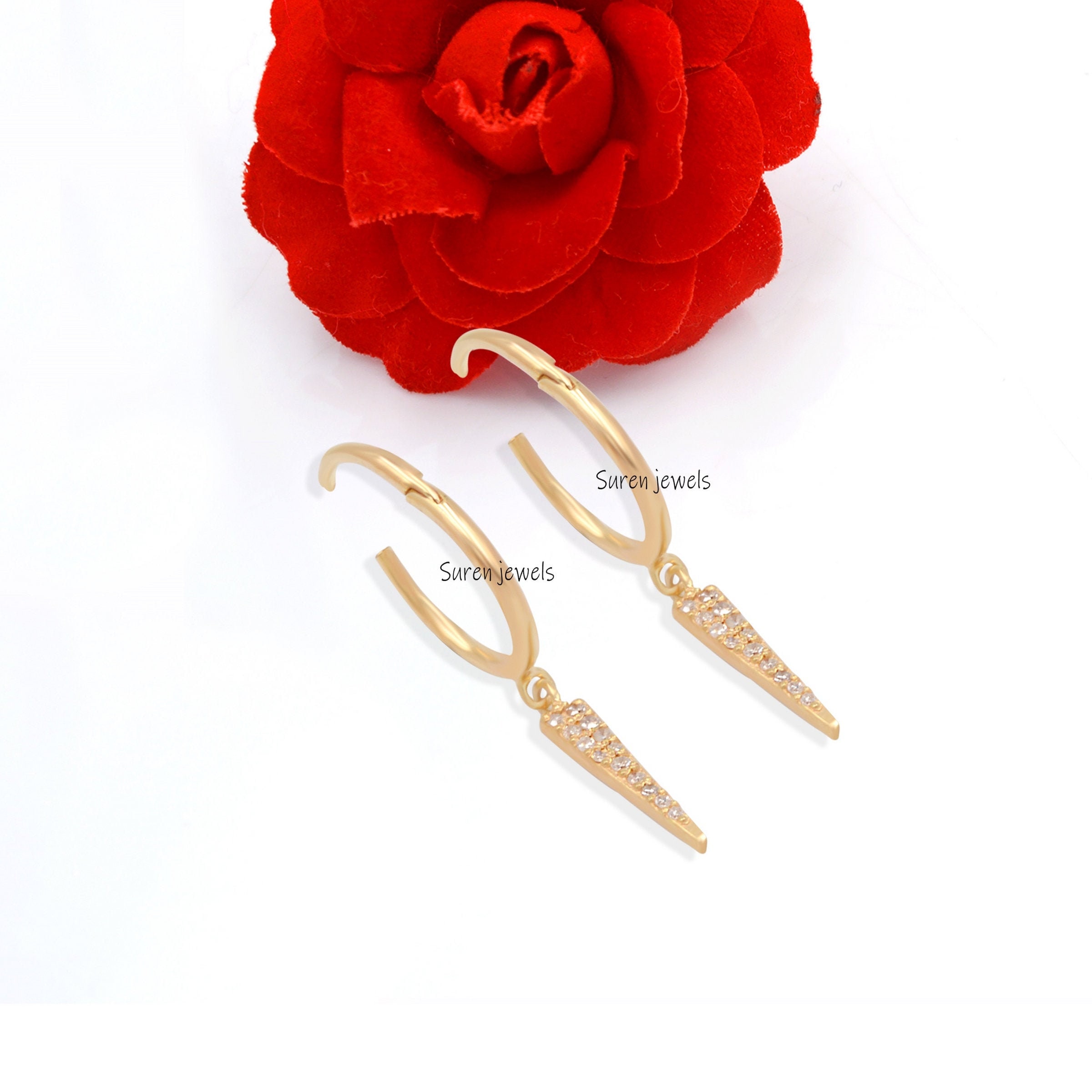 14K Gold Diamond Spike Hoop Earrings: Solid Gold Huggie - Suren Jewels | SKU: SJE381-SLYGDI