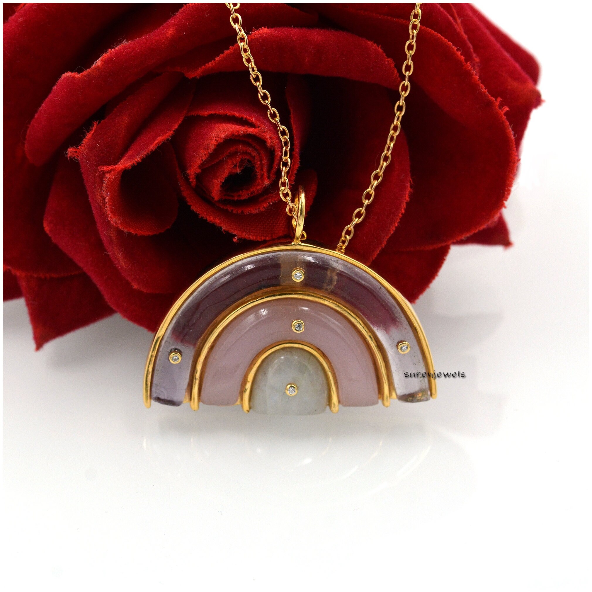 14k Gold Rainbow Pendant: Multi Gemstone & White Topaz - View 3 - Suren Jewels | SKU: SJP1175-SLYGPZCRWT