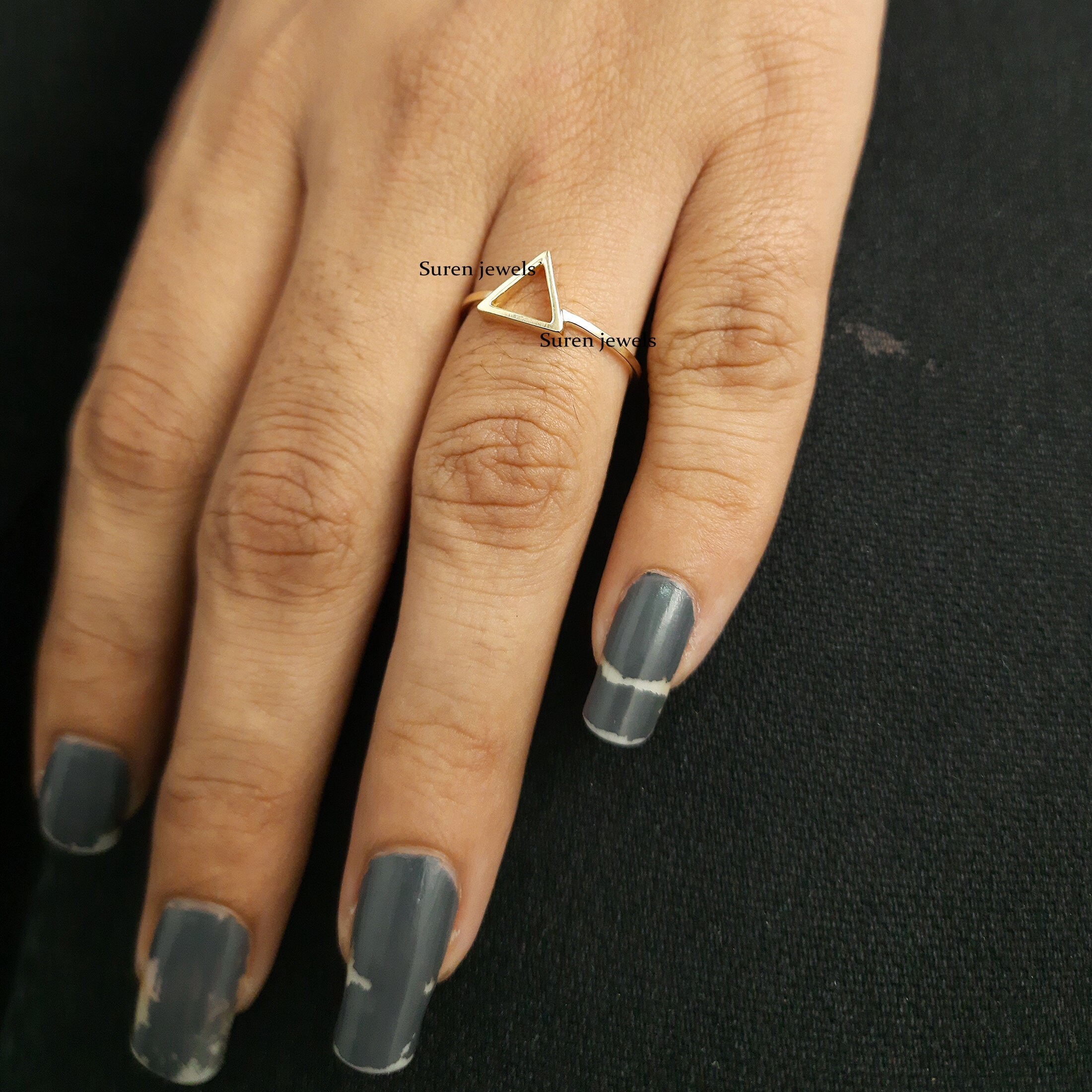 Hammered Sterling Silver Triangle Ring: Open Geometric Design - View 7 - Suren Jewels | SKU: SJR09-SLYG