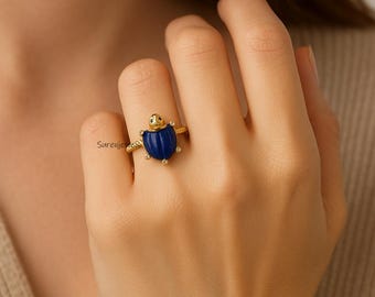 Hand Carved 14k Gold Gemstone Turtle Ring: Dainty Handmade Jewelry
