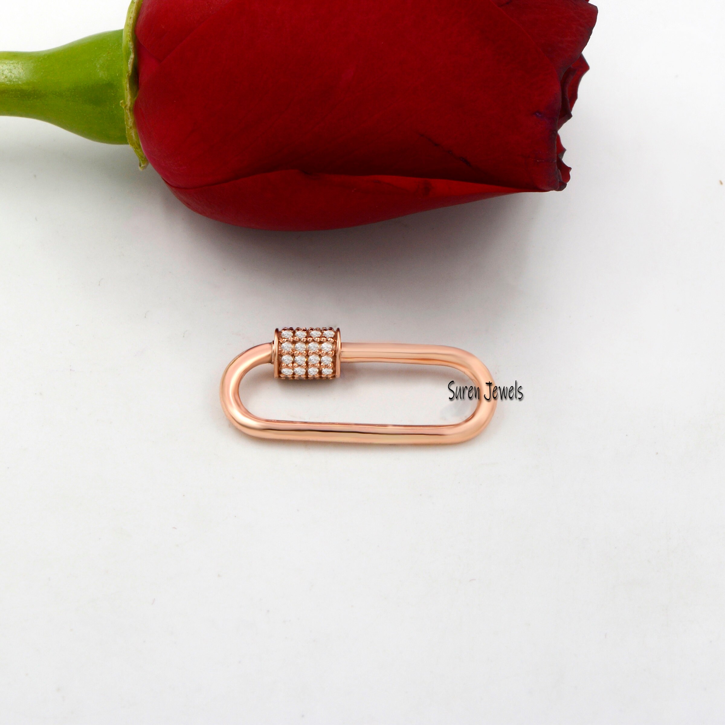925 Silver Oval Carabiner Lock: Cubic Zircon Pave Pendant - View 4 - Suren Jewels | SKU: SJC131-SLRGCZ