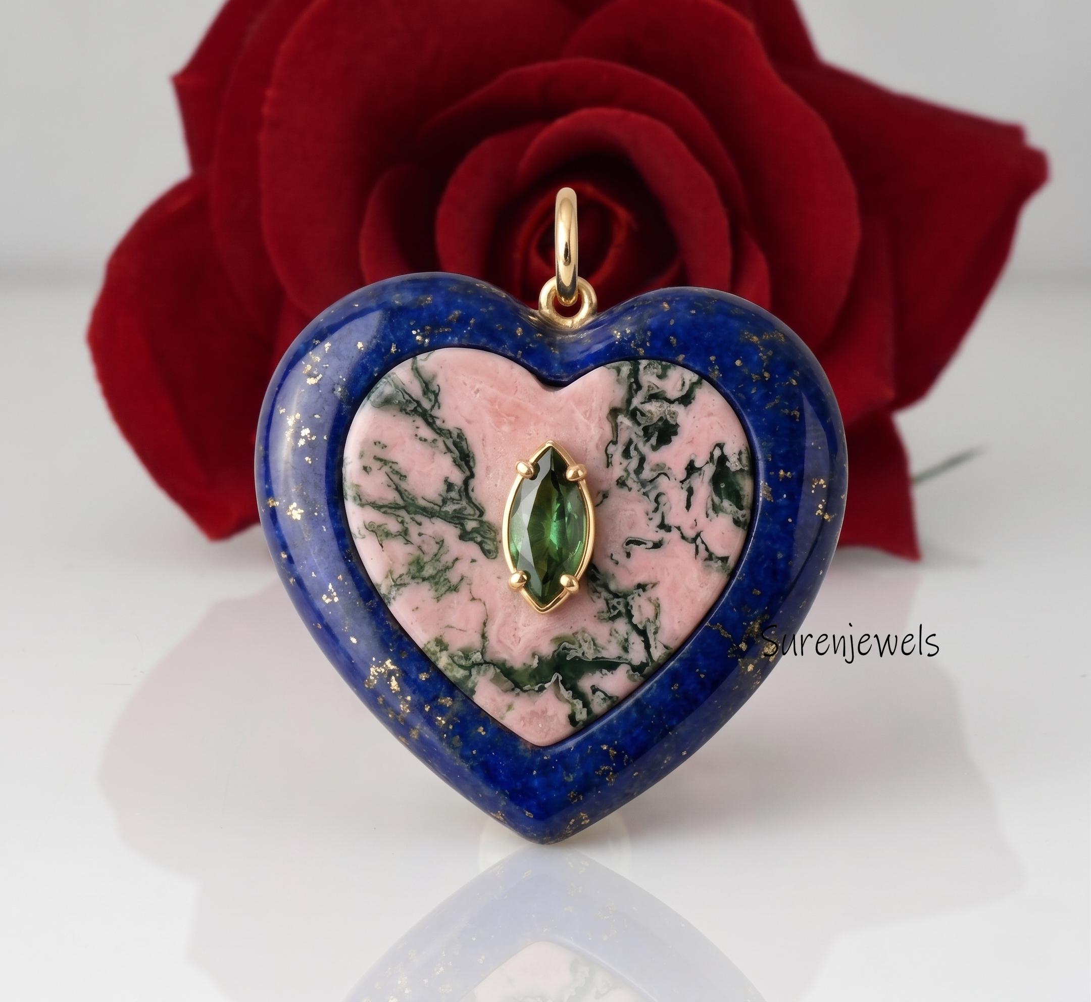 14K Gold Plated All Gemstone Hand Carving Heart Pendant, Multi Stone Heart Pendant, Gemstone Designer Heart Pendant,Carved He