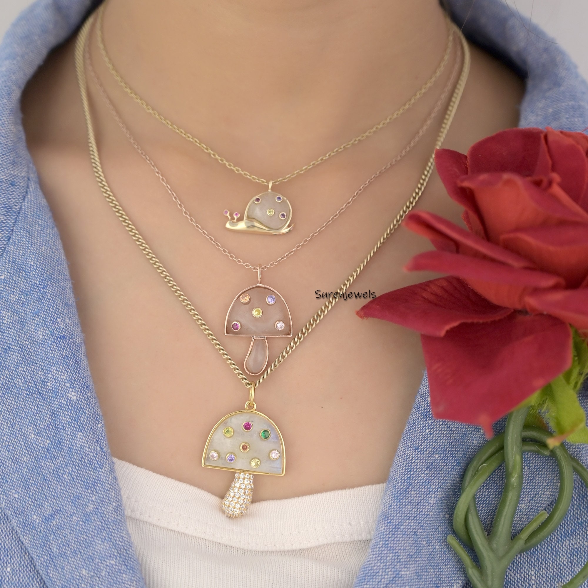 Handmade 14K Moonstone Mushroom Pendant with Multi Gemstones - View 2 - Suren Jewels | SKU: MJM39-SLYGMSCZMTCS