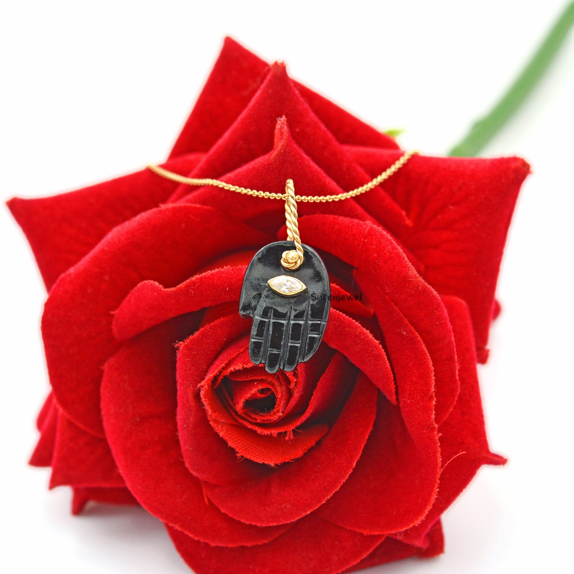 9K Gold Gemstone Figa Hand Pendant: Malachite, Turquoise, Lapis, Coral - View 6 - Suren Jewels | SKU: SJP1023-