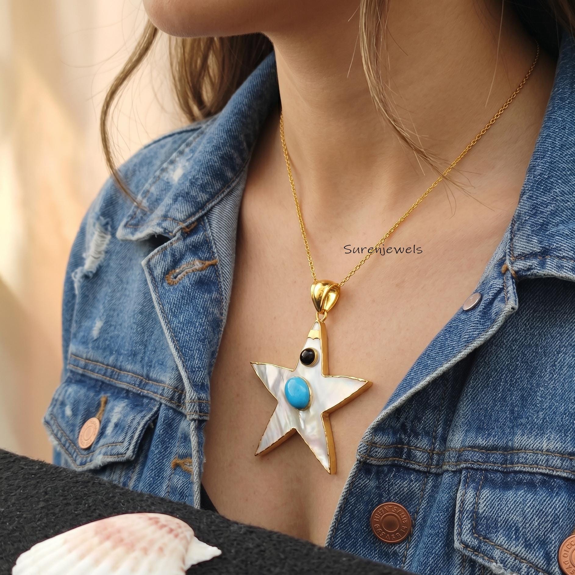 hand Carved 14k Gold Gemstone Star Pendant, Carving handmade Designer Star Jewelry - View 3 - Suren Jewels | SKU: SJP