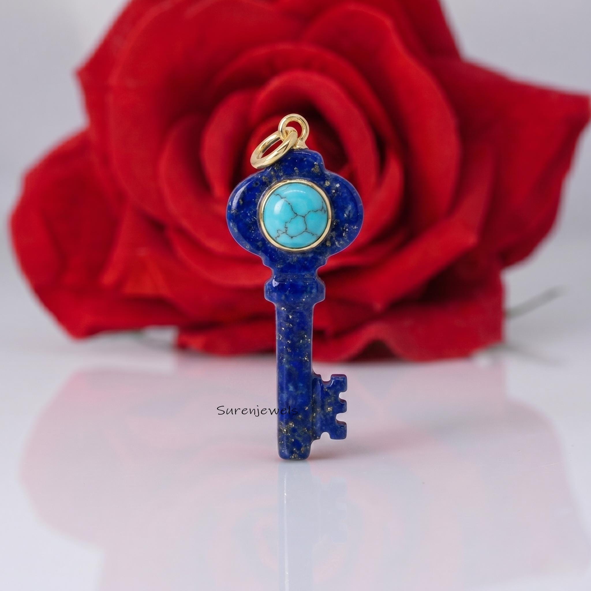 14K Gold Plated Lapis Lazuli Key Pendant, Turquoise Key Pendant, Skeleton Key Charm, Blue Gemstone Jewelry, Lucky Key Gift -