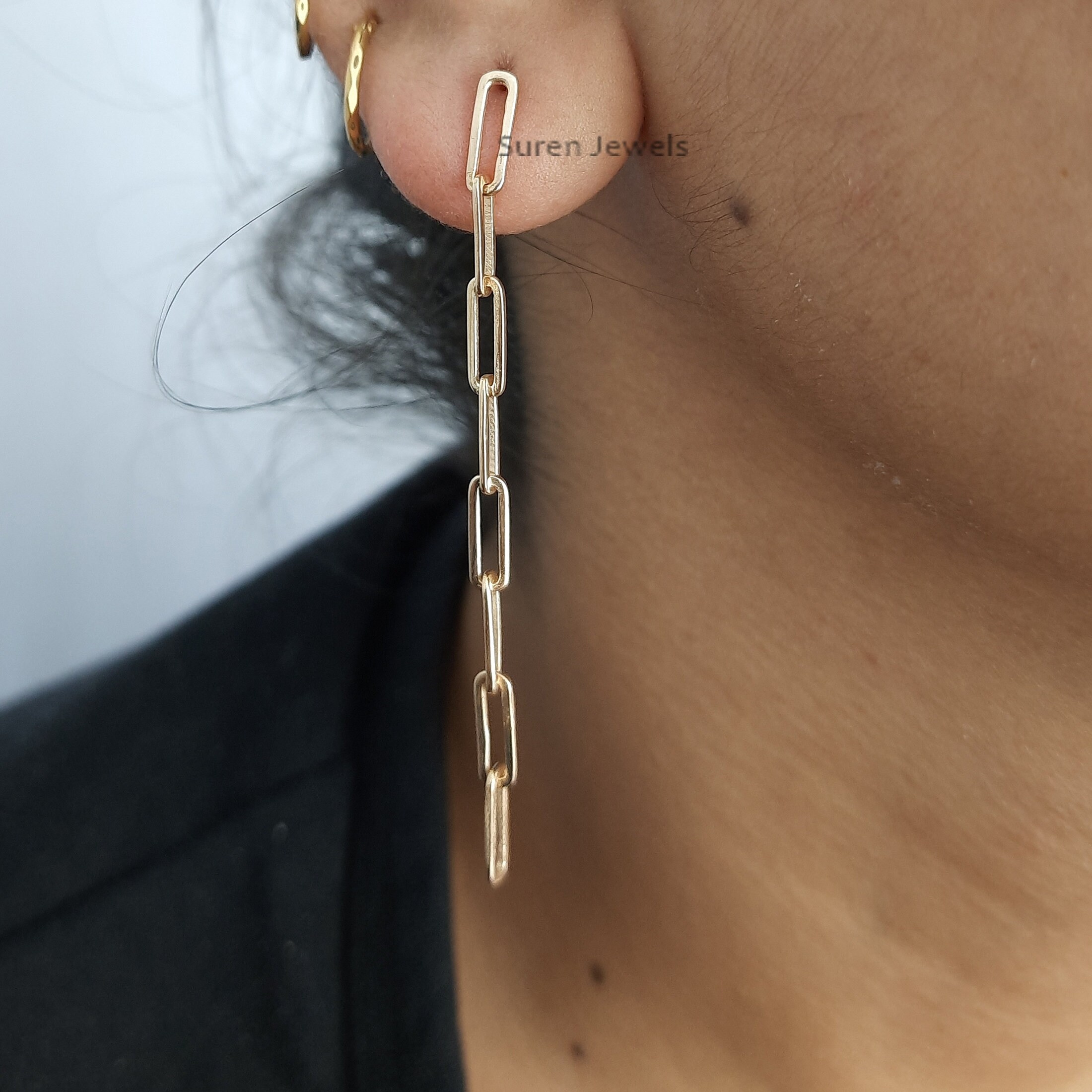 Silver Paperclip Chain Earrings, Silver Link Chain Earrings, Paperclip Chain Earrings, Silver Chain Earrings - View 4 - Suren