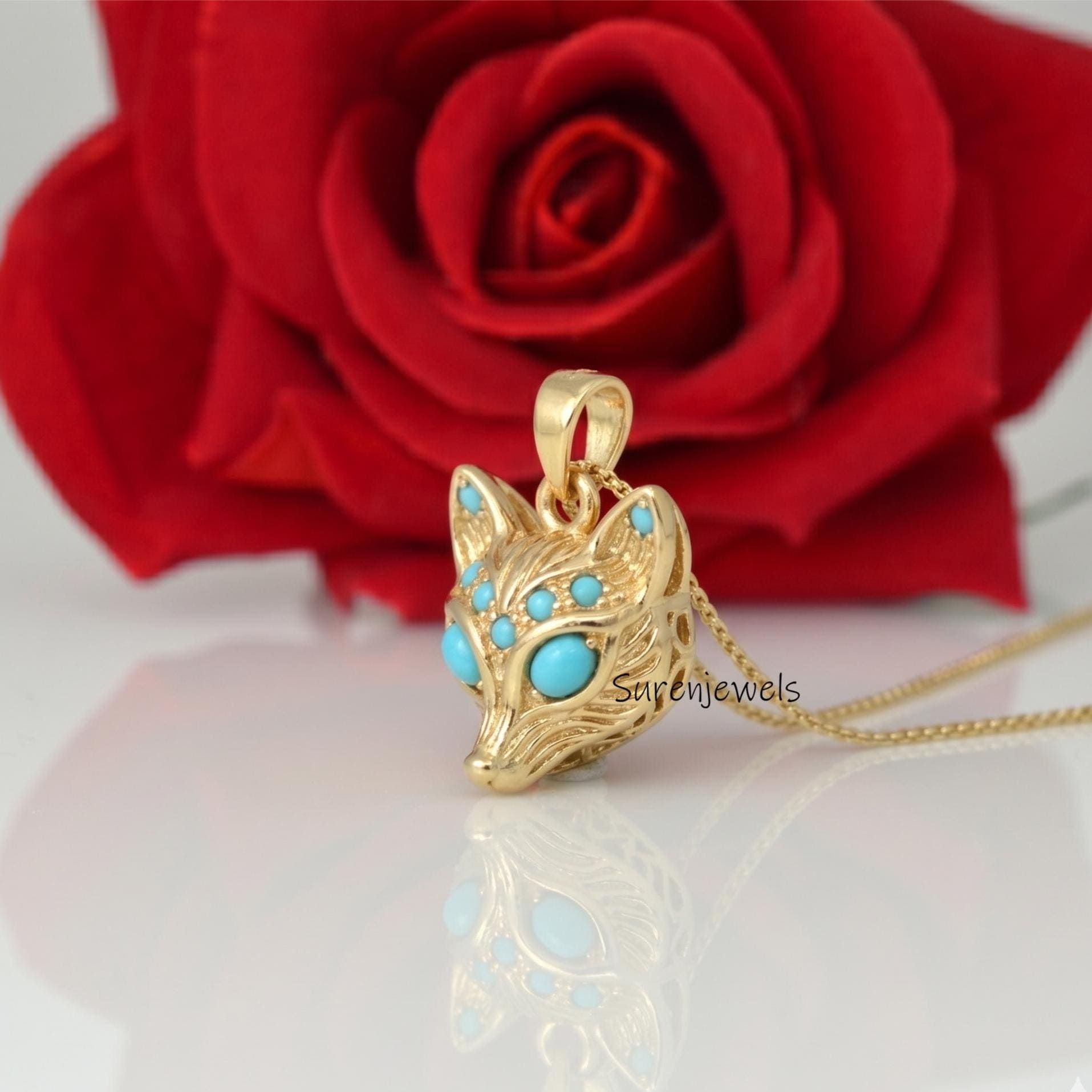 14k Gold Plated Gemstone Fox Pendant, Turquoise Fox Charm Pendant, Gold Carved Fox Charm Pendant, Handmade Fox Pendant, Anima