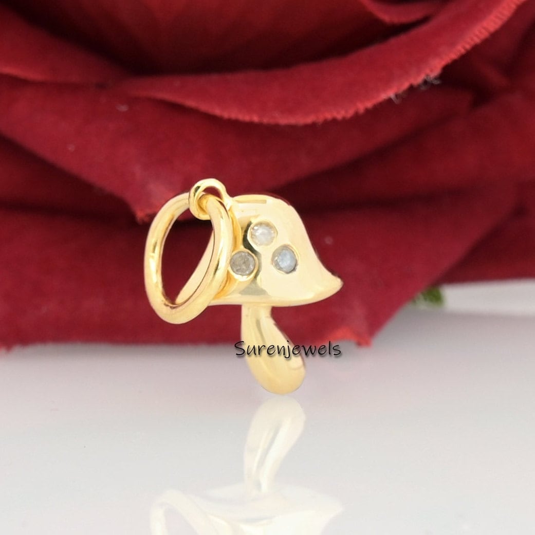 Solid Gold Gemstone Mushroom Pendant: Designer Charm - View 2 - Suren Jewels | SKU: MJM66