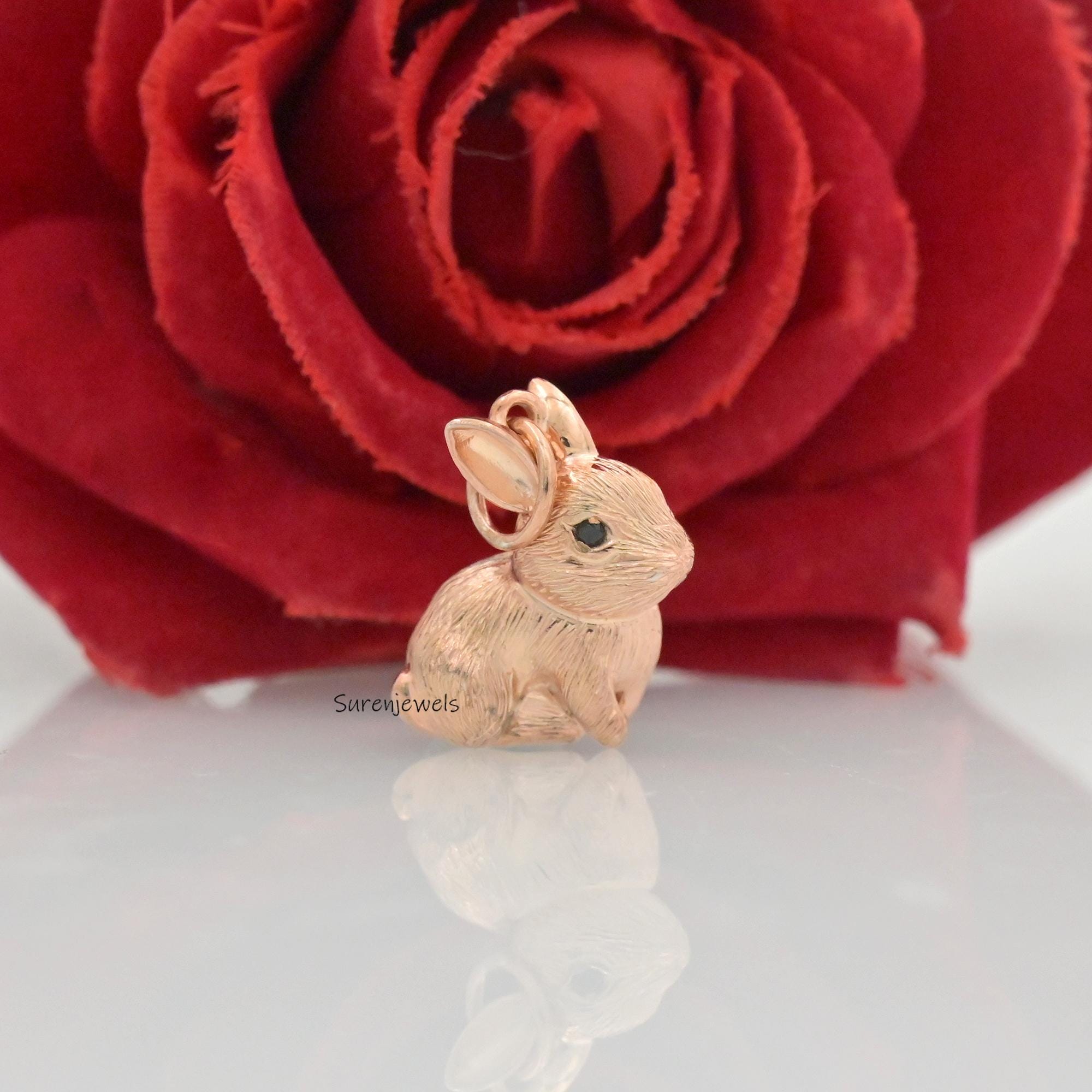 14K Gold Textured Rabbit Pendant: Designer Animal Charm - View 7 - Suren Jewels | SKU: SJP4505-SLNSBKCZ-25M,SJP4530-SLRGBKCZ-