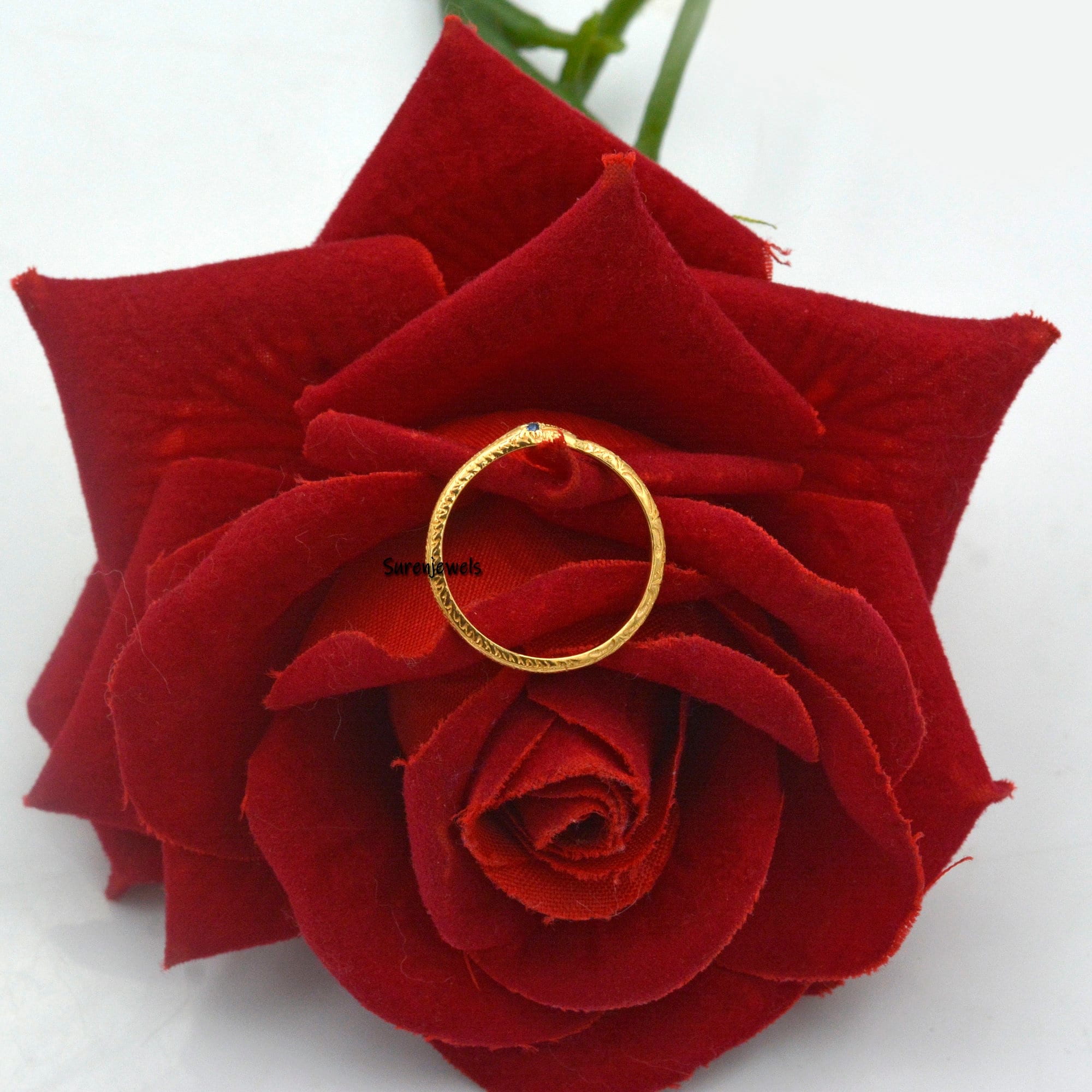 14k Solid Gold Ouroboros Snake Ring: Gemstone Serpent Jewelry - View 6 - Suren Jewels | SKU: SJR912-SLYGTQ-US-5