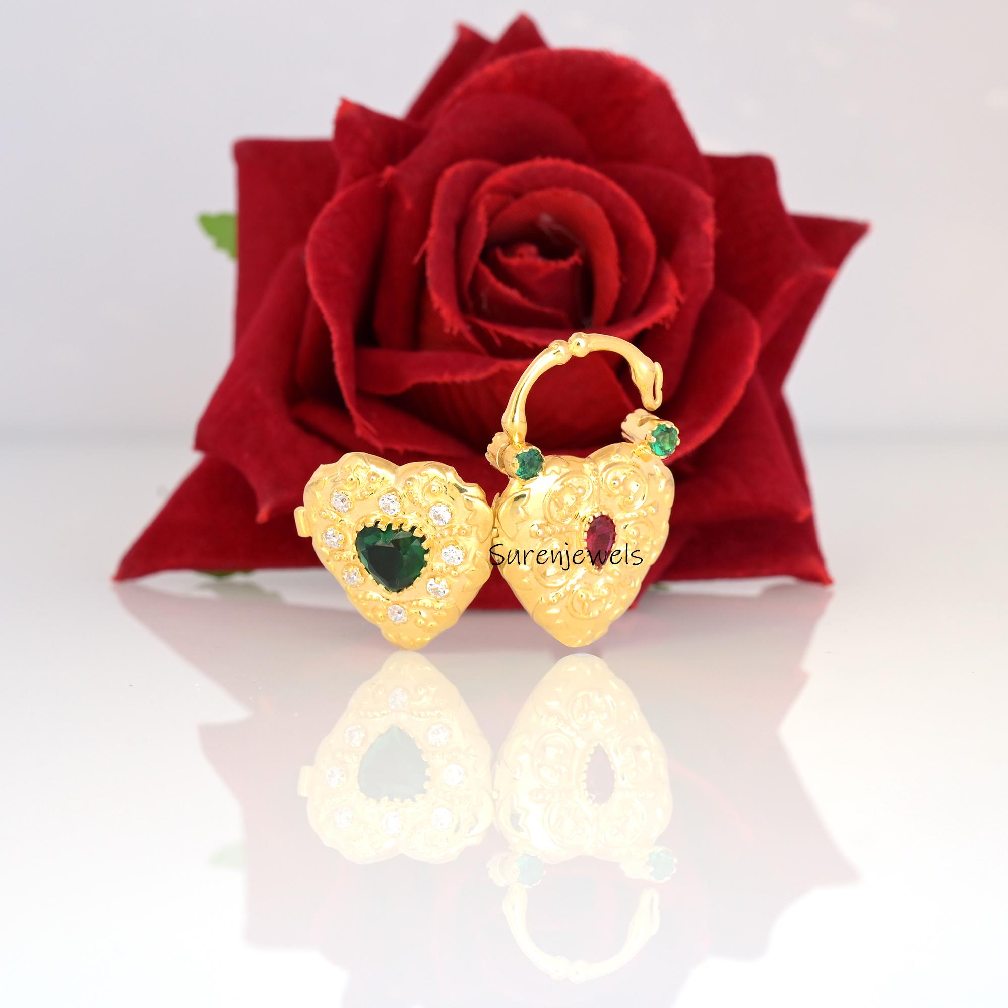 14K Gold Multi Gemstone Heart Padlock: Designer Locket - Suren Jewels | SKU: SJP85-SLYGCZRUGO-N47-18I