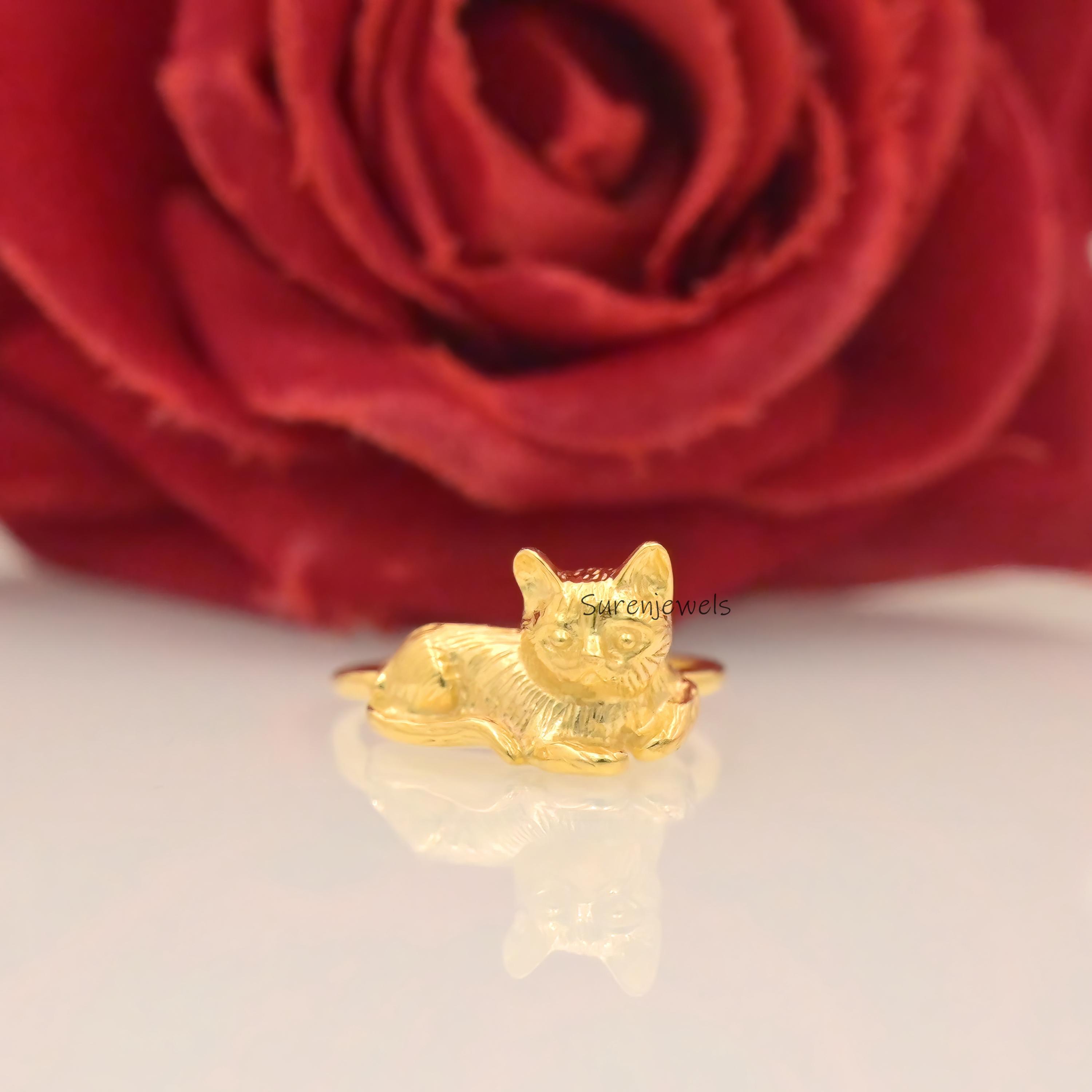Solid 14k Gold Cat Ring: Handmade Animal Jewelry - View 3 - Suren Jewels | SKU: SJR2912-SLYG-US-7,SJR2920-SLYG-US-6