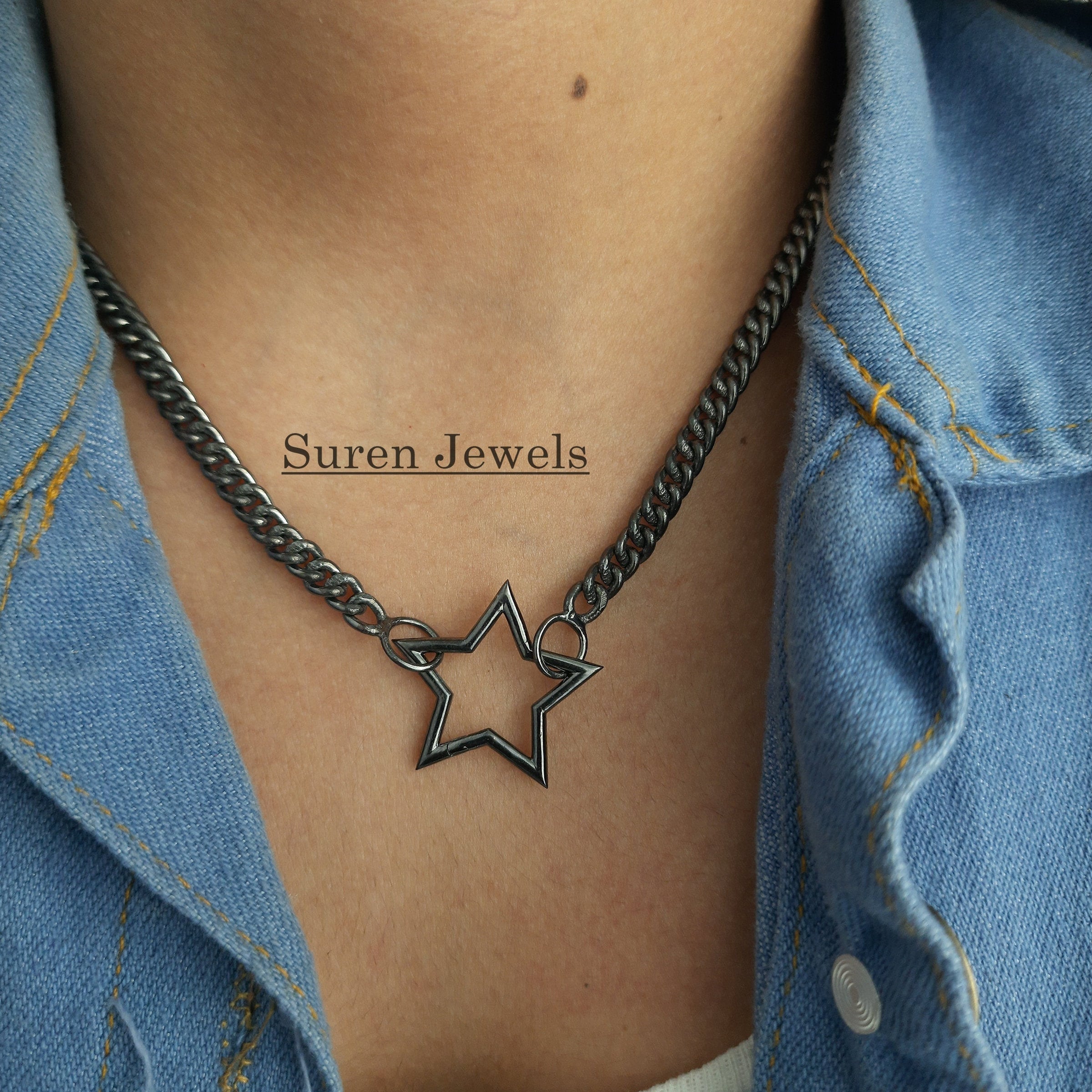 925 Silver Star Charm Holder: Clasp Link Lock Enhancer - View 3 - Suren Jewels | SKU: SJP508-SLRH-N22-18I